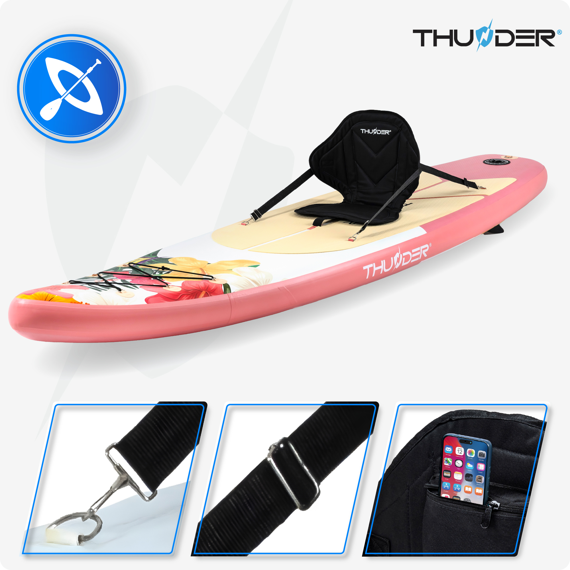 Różowa deska do wiosłowania z przymocowanym czarnym siedzeniem. Akcesoria obejmują kieszeń na telefon i detale paska.