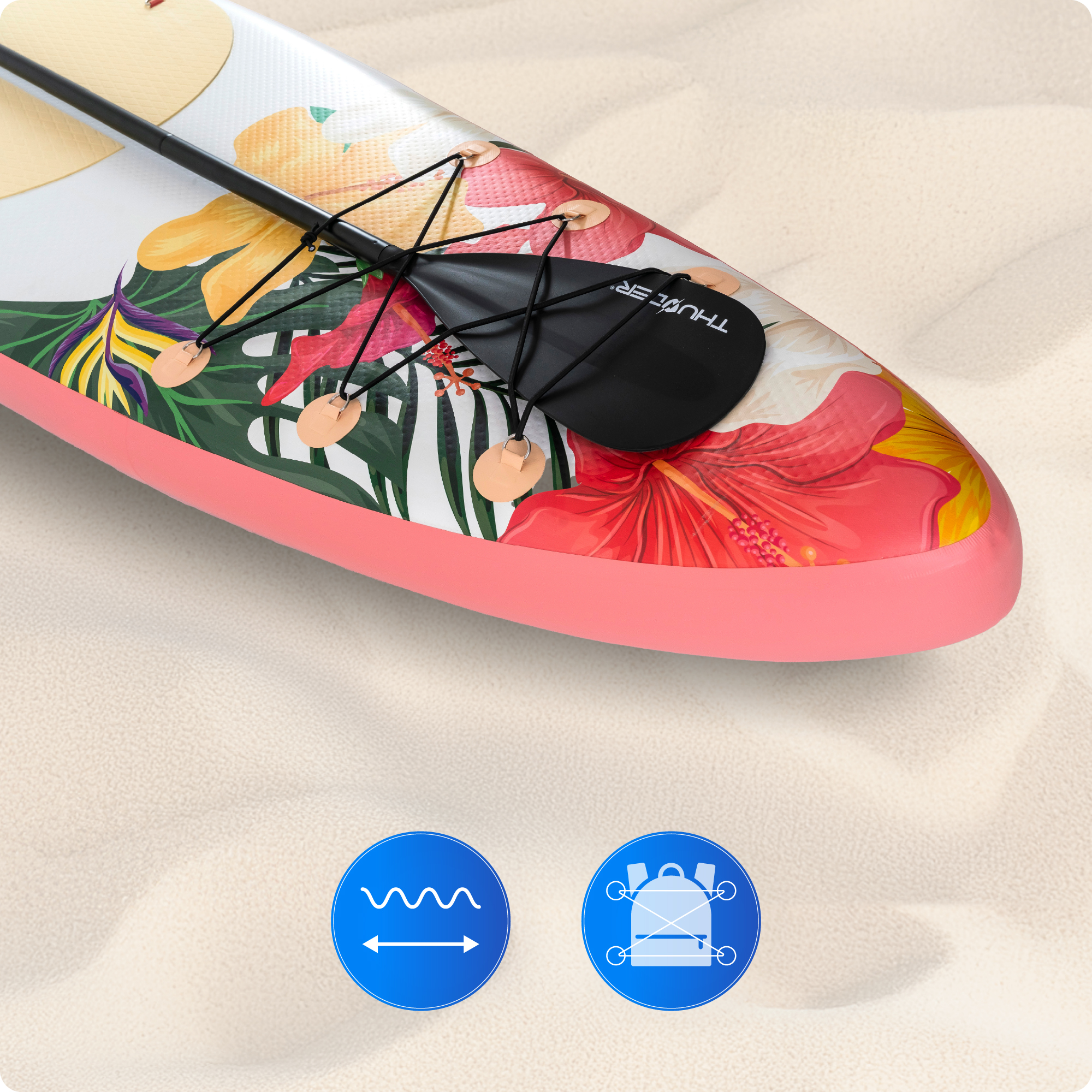 Zbliżenie na deskę do wiosłowania z wiosłem i kwiatowym wzorem. Niebieskie ikony symboli fali i plecaka.