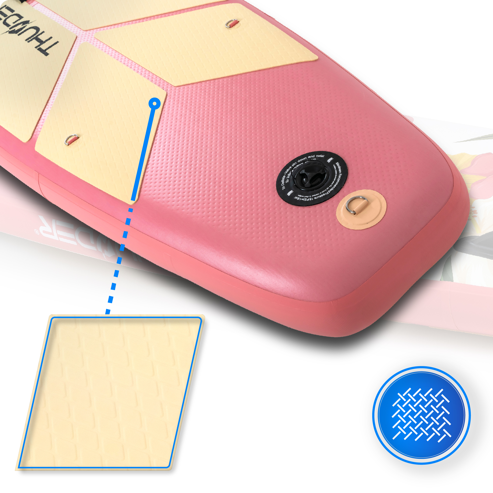 Spód deski do wiosłowania z teksturowaną podkładką i niebieską ikoną wskazującą na wzór tkany.