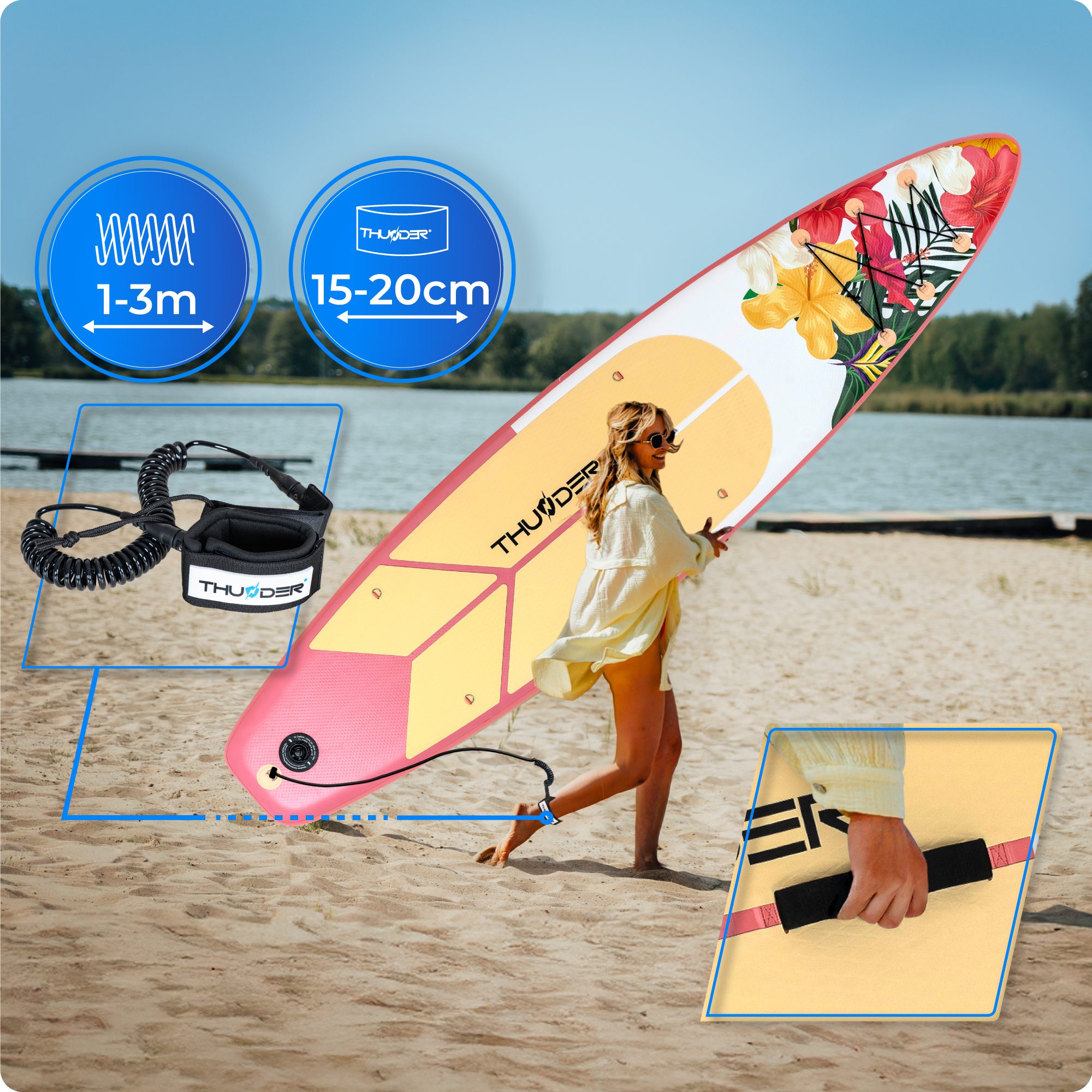 Kobieta niesie deskę do wiosłowania na plaży z niebieskimi wskaźnikami fal i głębokości. Obecne są również akcesoria.