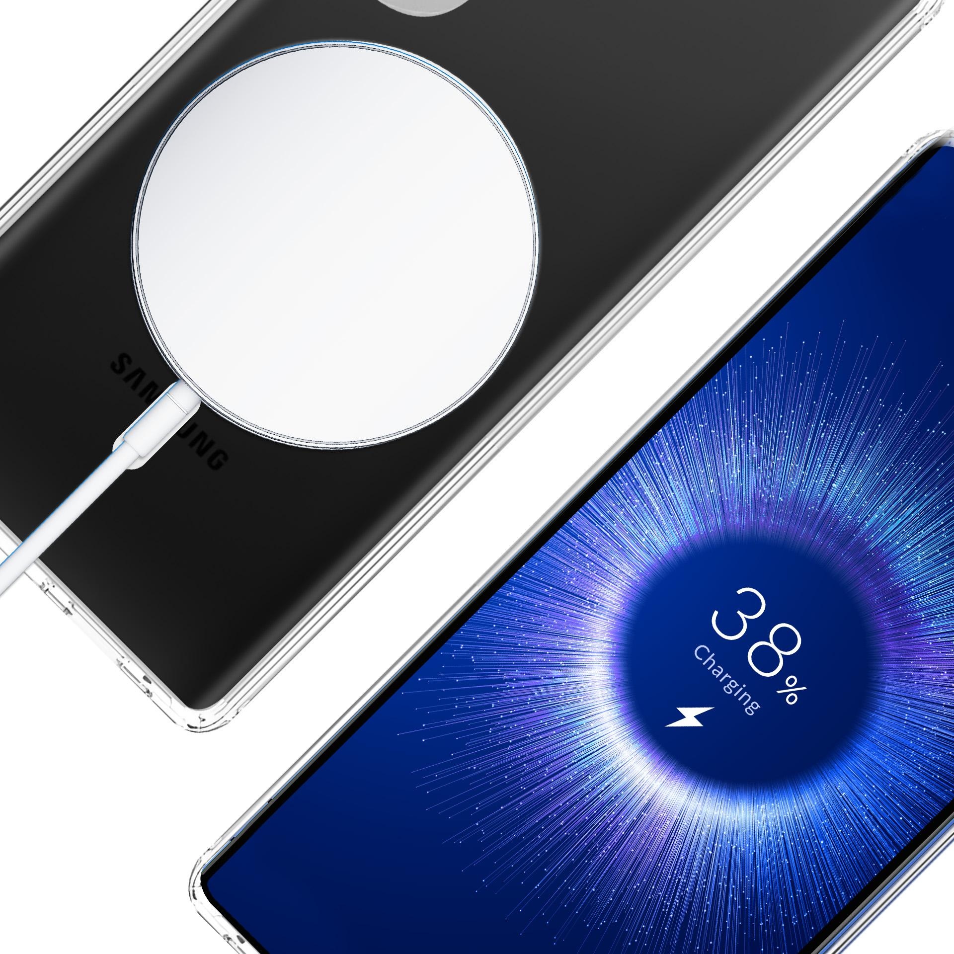 Zbliżenie na telefon ładujący się bezprzewodowo. Pokazuje telefon z okręgiem ładowania i wyświetlaczem.