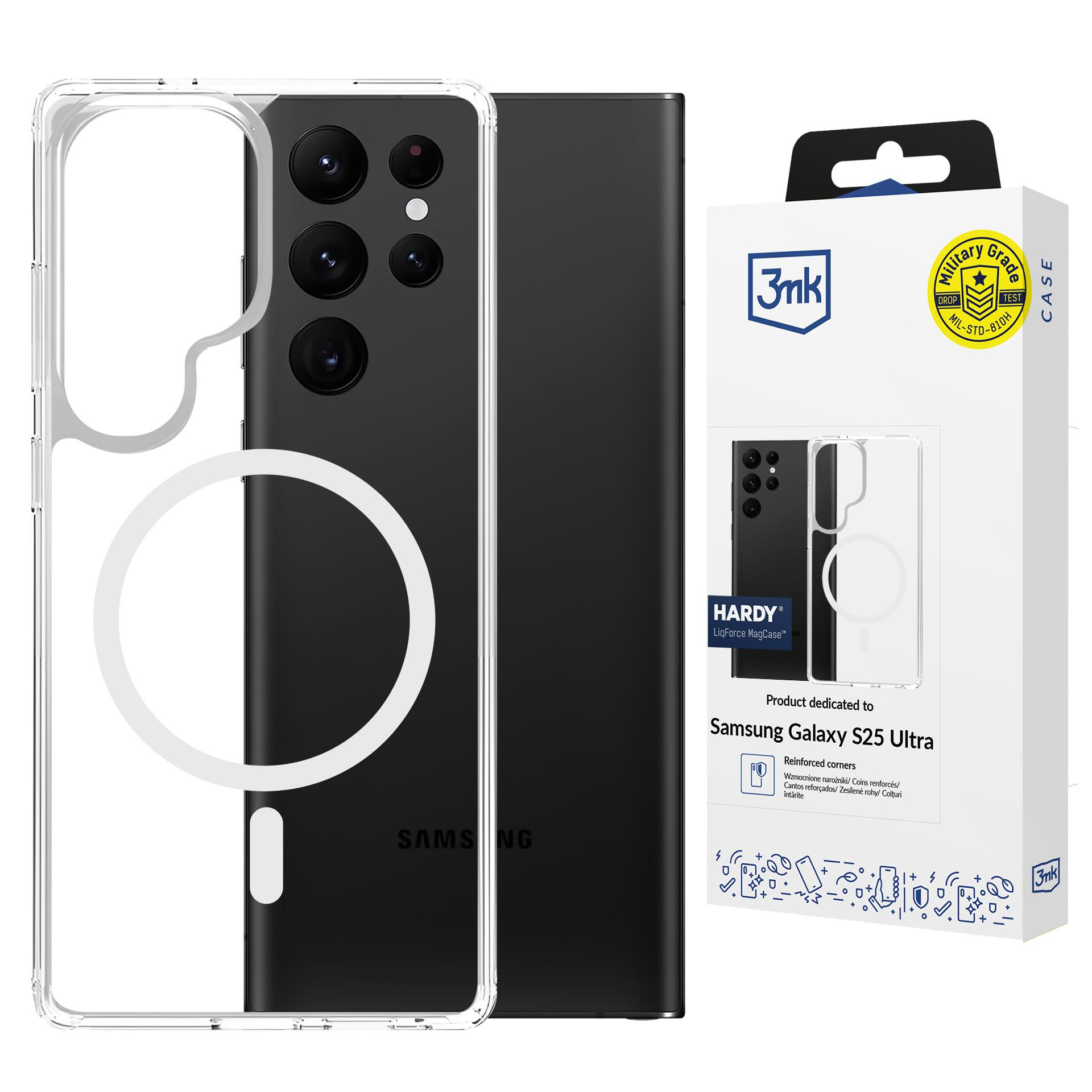 Opakowanie etui na telefon dla Samsung Galaxy S25 Ultra. Zawiera przezroczyste etui i szczegóły produktu.