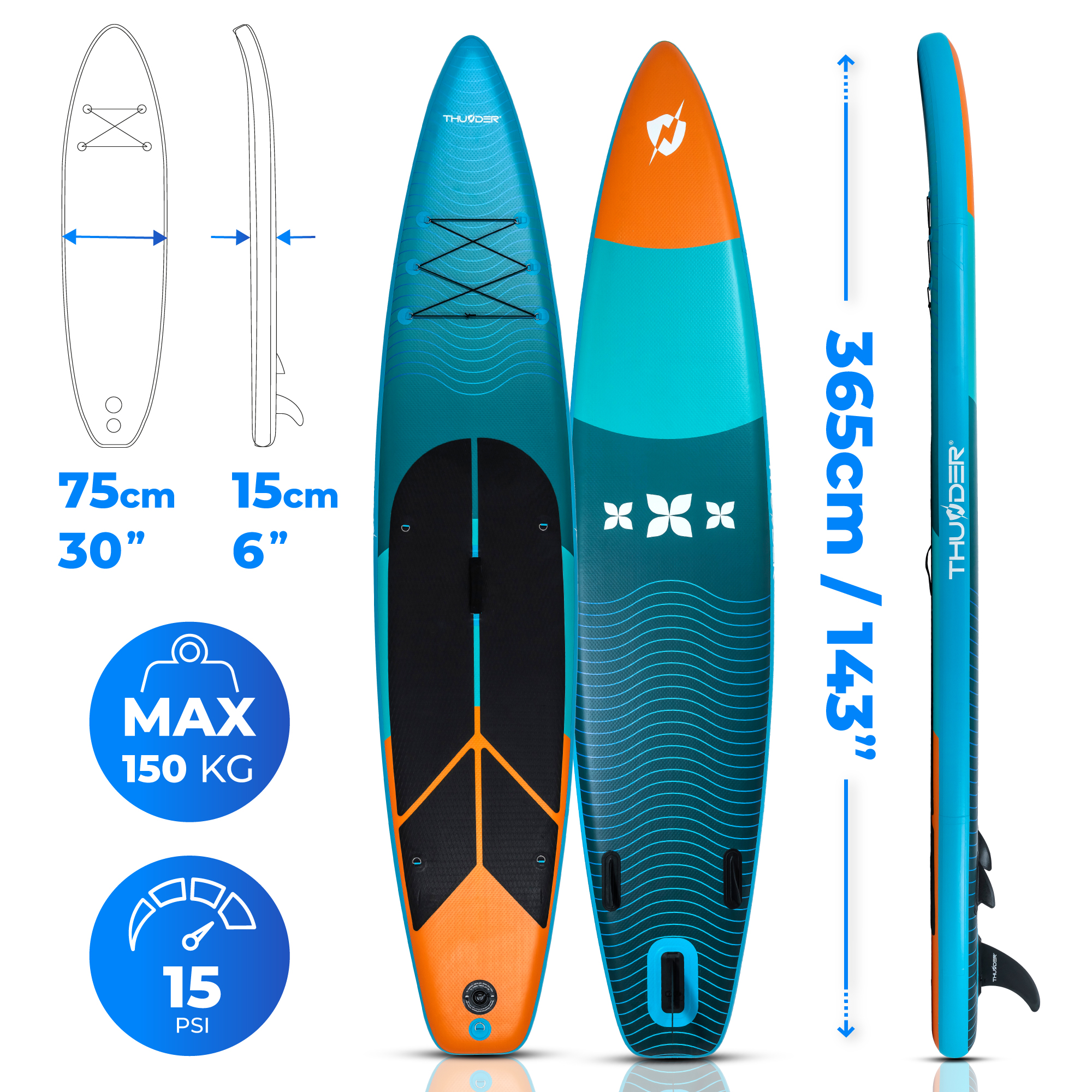 Deska SUP z wymiarami i specyfikacjami. Jest turkusowa i pomarańczowa z płetwą. Wymiary są wyświetlane.