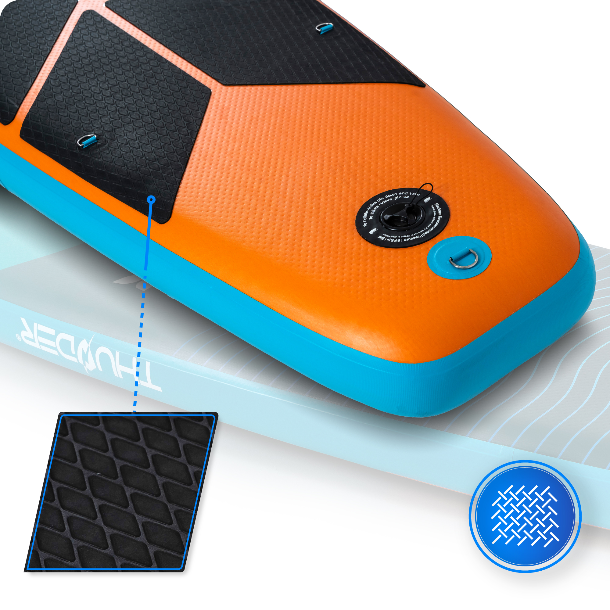 Zbliżenie spodu deski SUP z pomarańczowym i turkusowym wzorem, pokazujące teksturowaną powierzchnię.