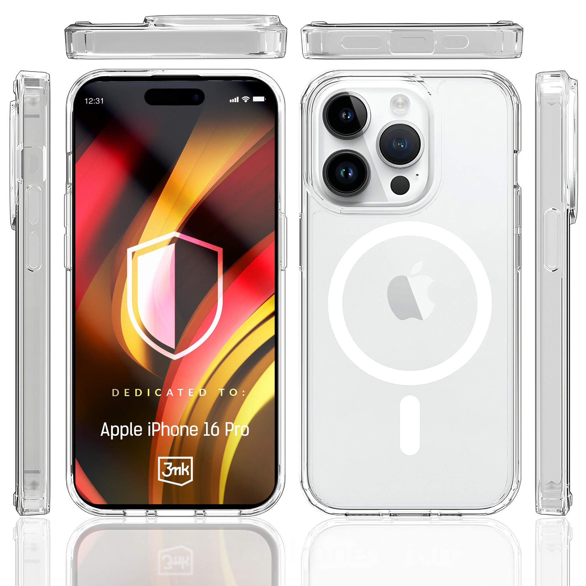 iPhone 16 Pro z przezroczystym etui, wyświetlany z wielu perspektyw. Telefon po lewej, etui po prawej.