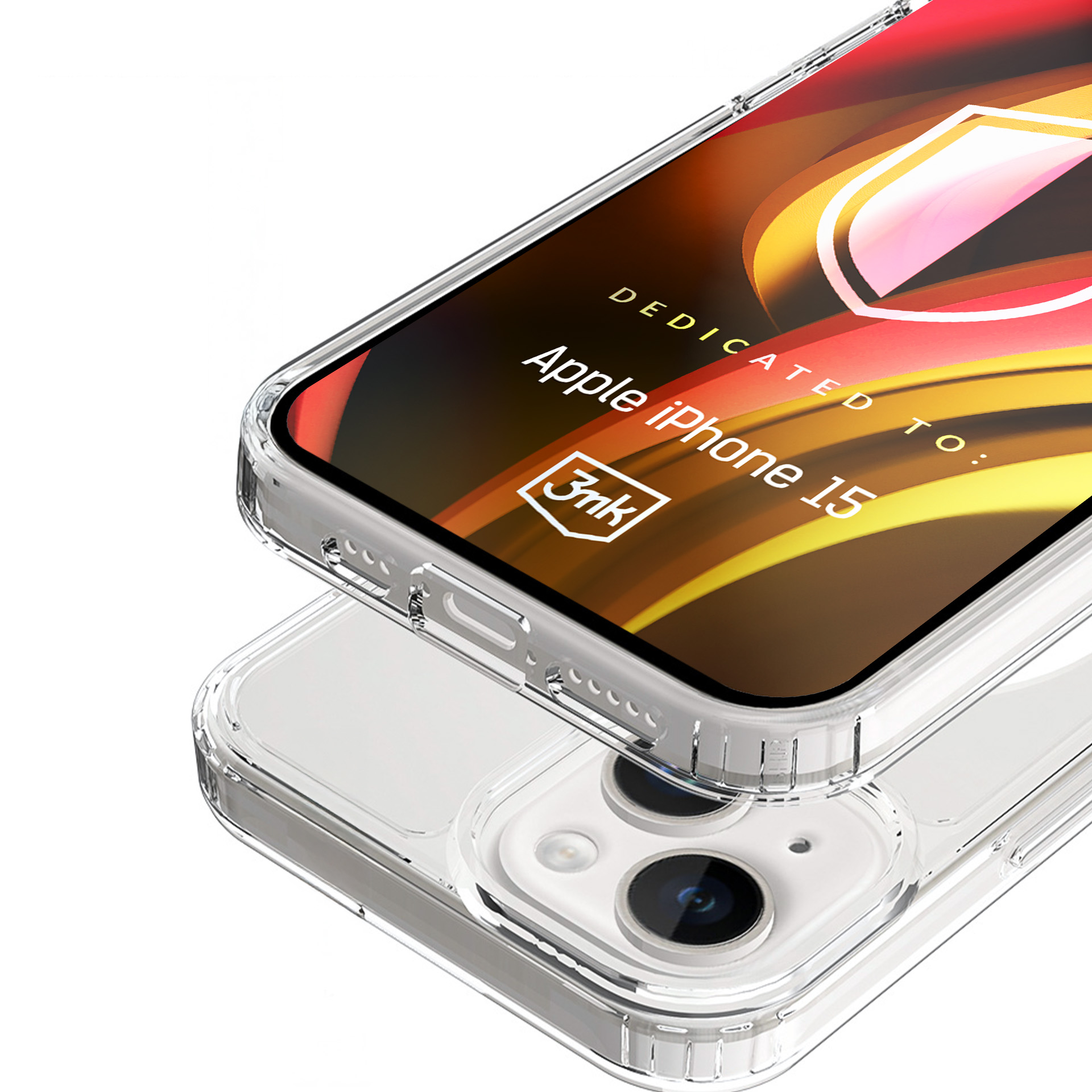 Zbliżenie przezroczystego etui na telefon z iPhone 15 w środku.