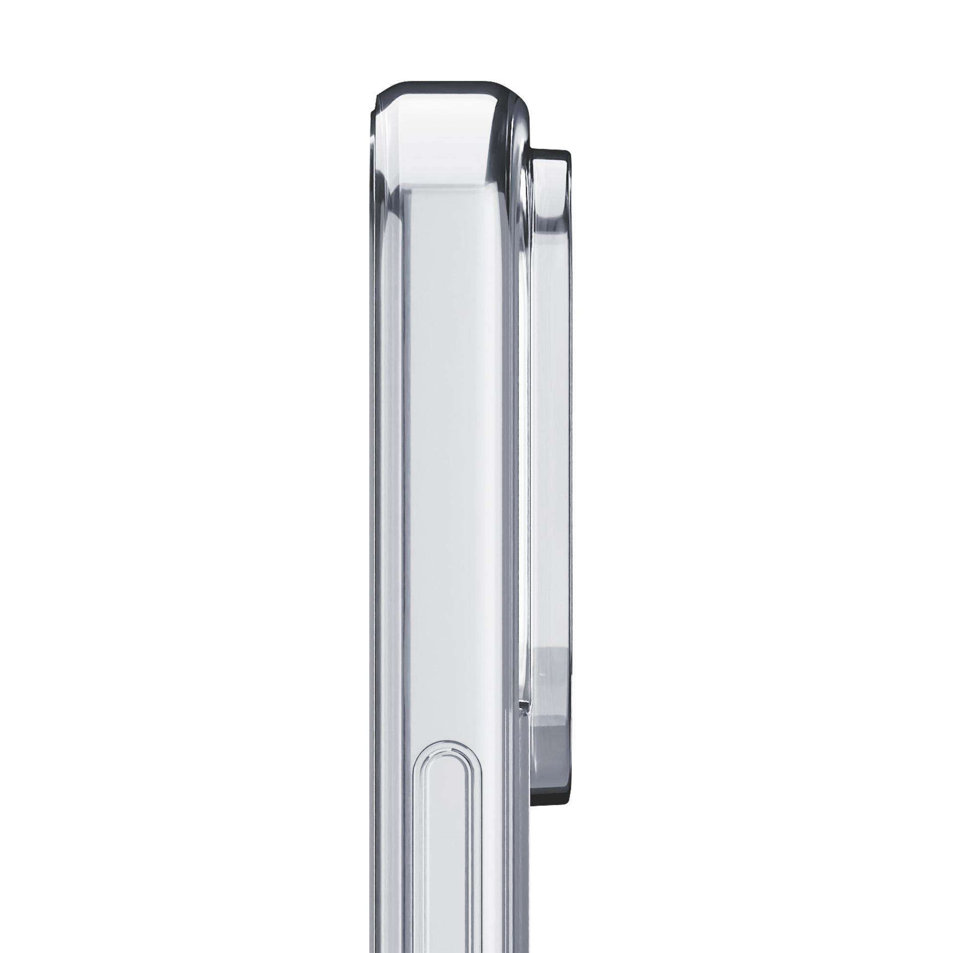 Widok z boku przezroczystego etui na telefon. Etui jest przezroczyste i pokazuje bok telefonu.