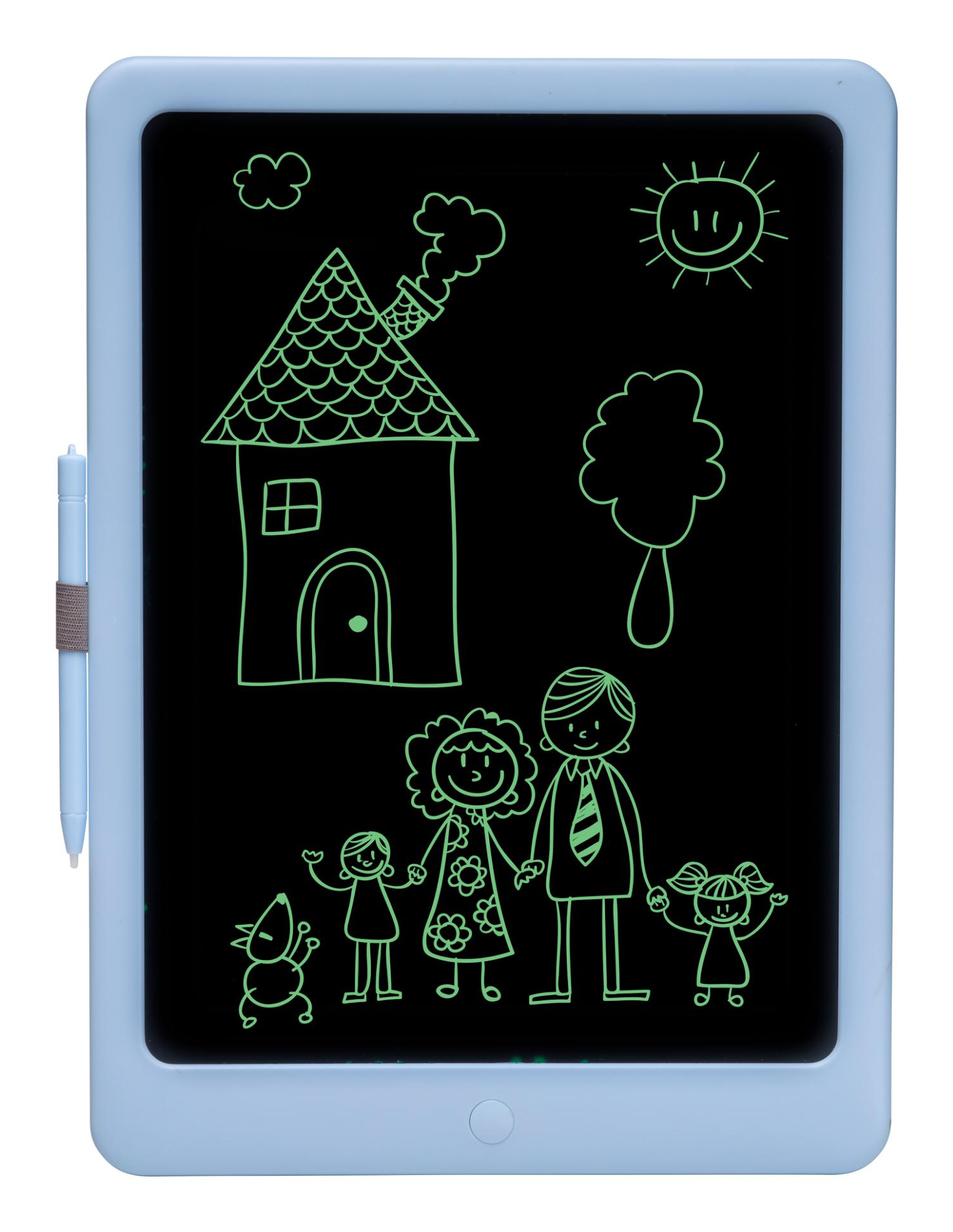 Niebieski tablet do rysowania z rysunkiem domu, rodziny, drzewa i słońca.
