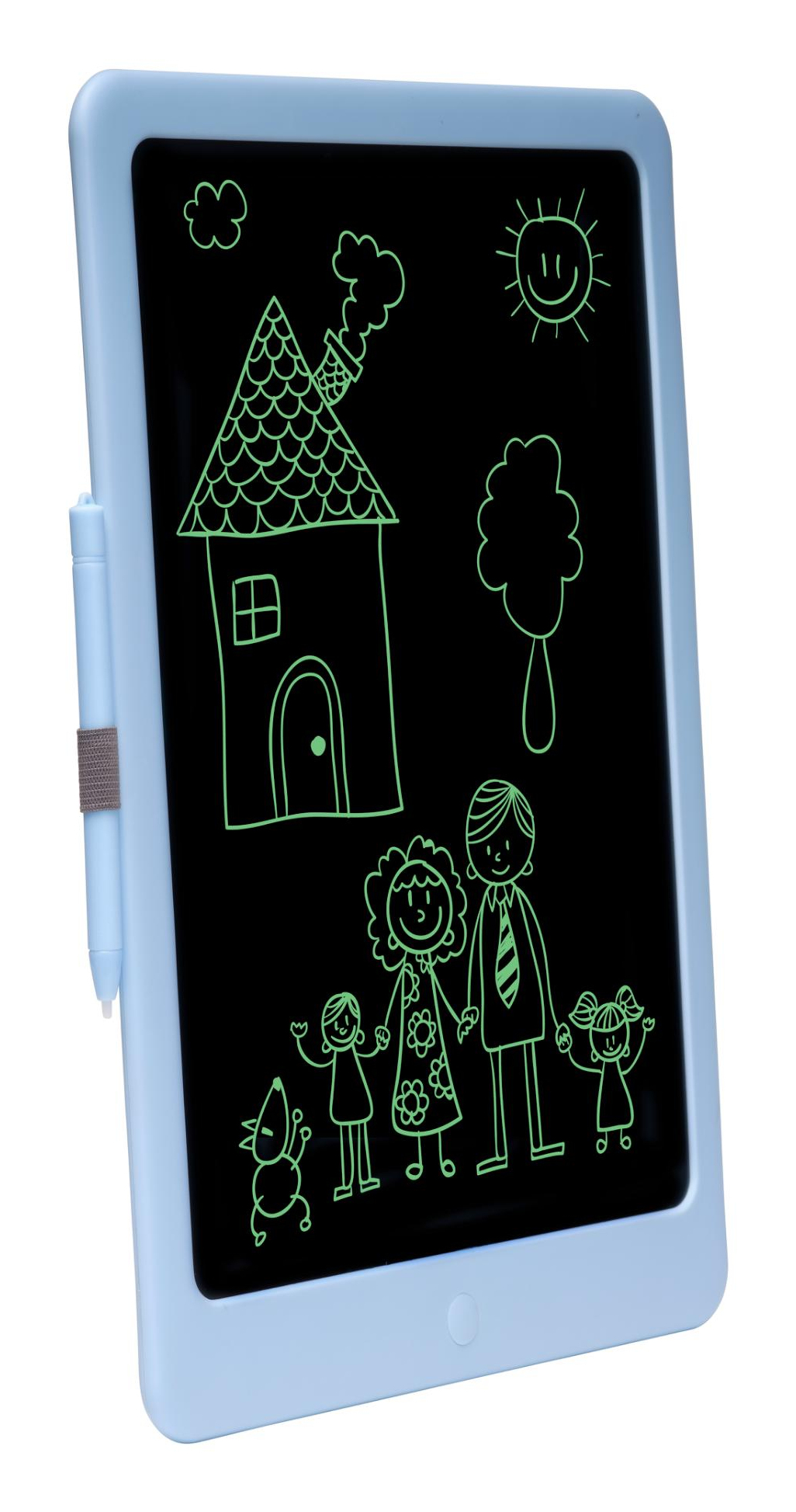 Niebieski tablet do rysowania z rysunkiem domu, rodziny, drzewa i słońca.