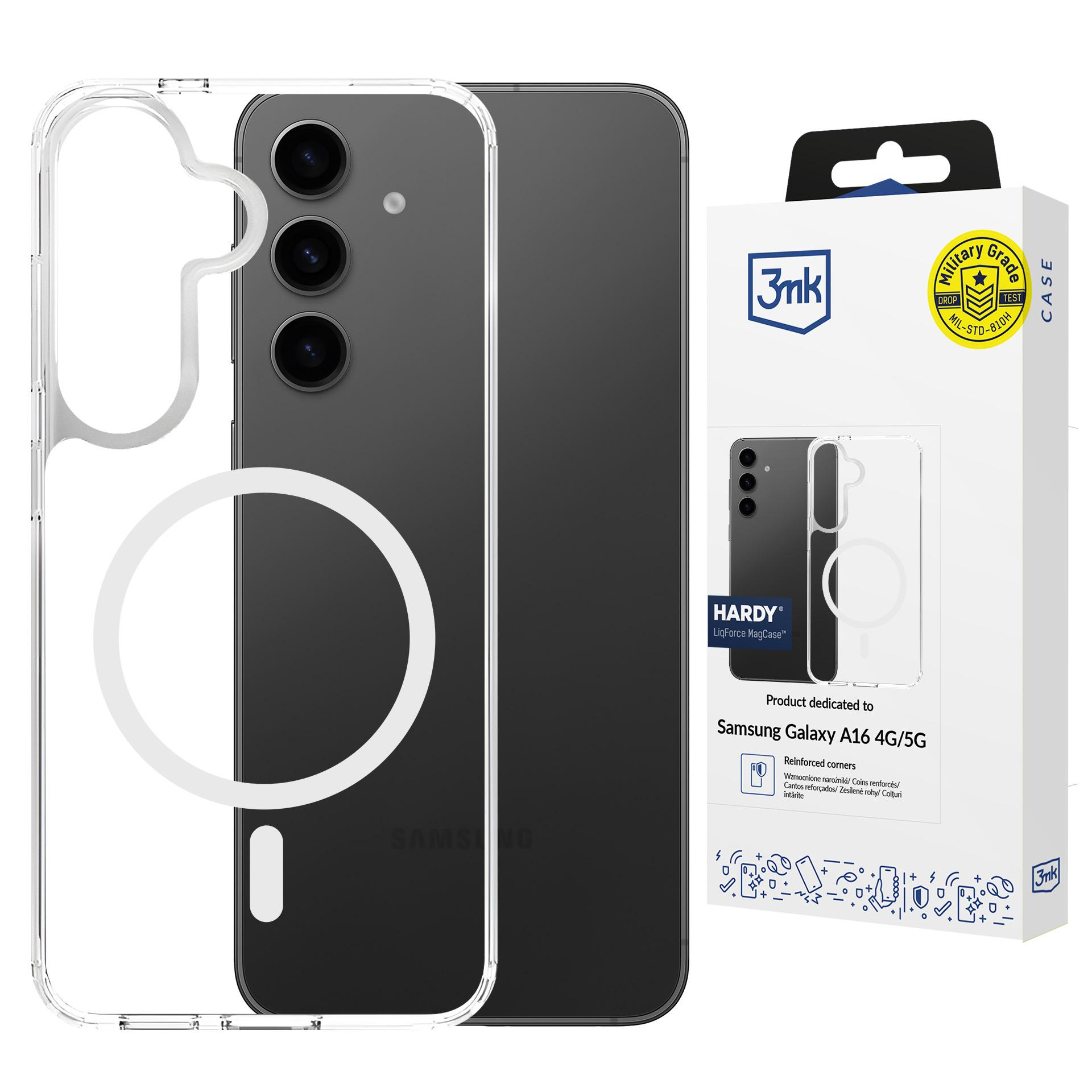 Smartfon w przezroczystym etui i pudełko.