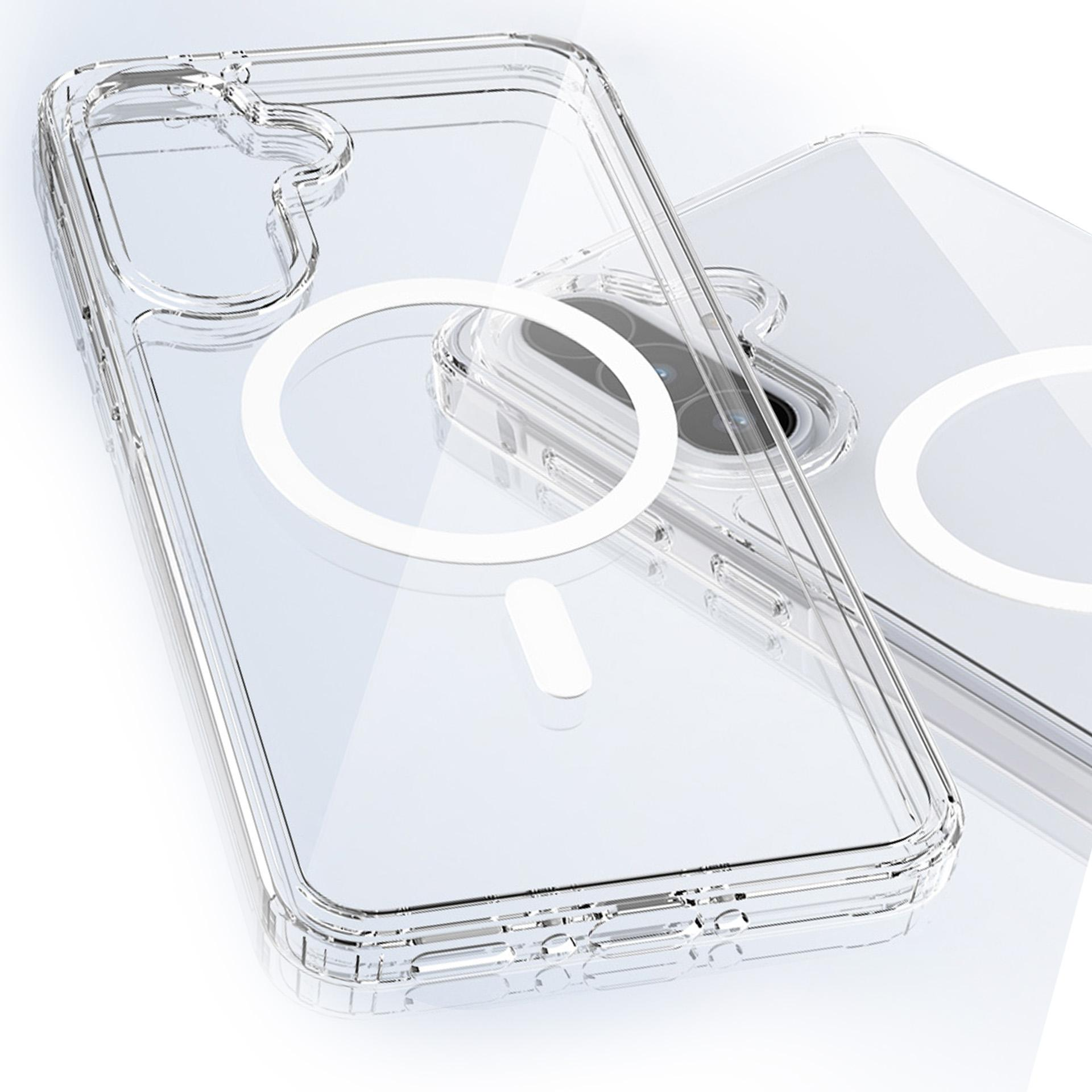 Dwa telefony z przezroczystymi etui. Etui mają pierścienie magnetyczne. Telefony mają konfiguracje aparatu. Tło jest rozmyte.