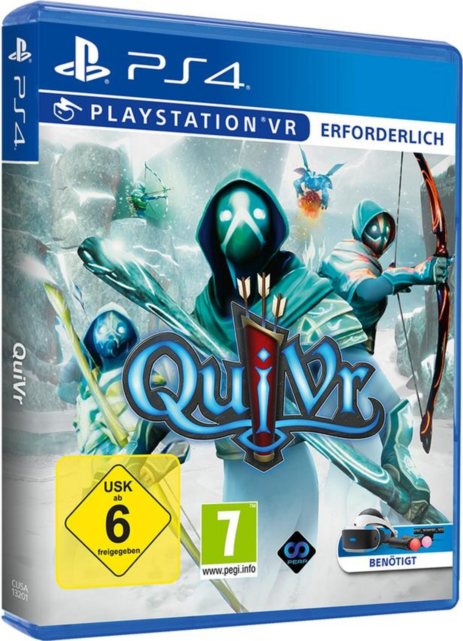 Spielbox-Art für QuiVr auf PS4, mit Bogenschützen in einer Fantasy-Umgebung.