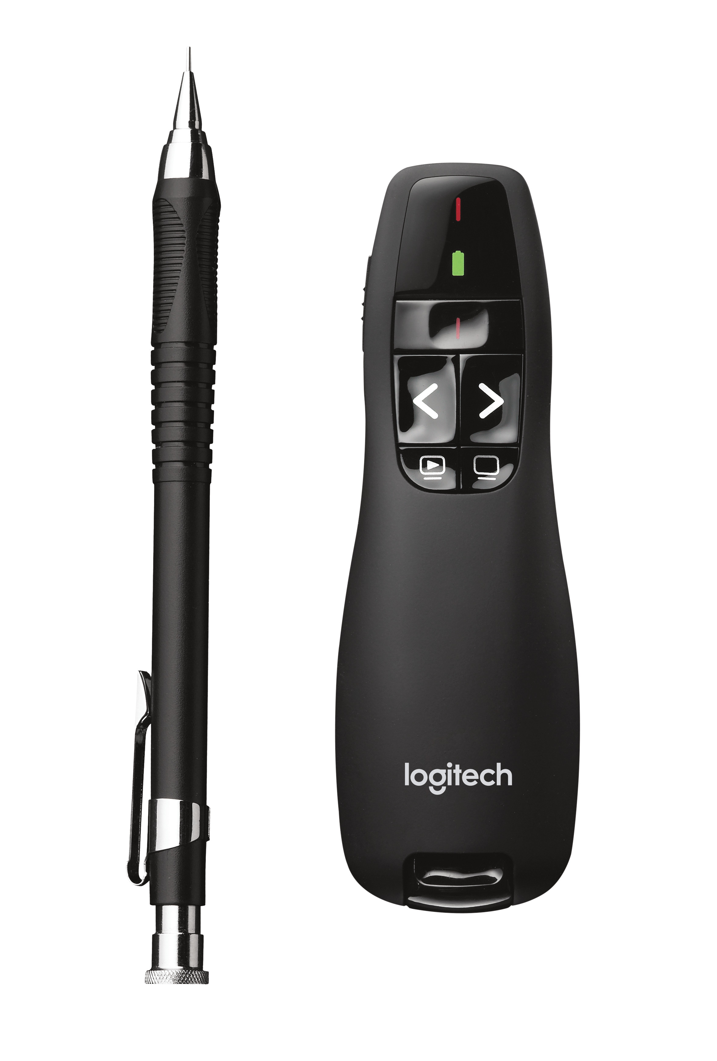 Schwarze Logitech Präsentationsfernbedienung und Bleistift auf weißem Hintergrund.