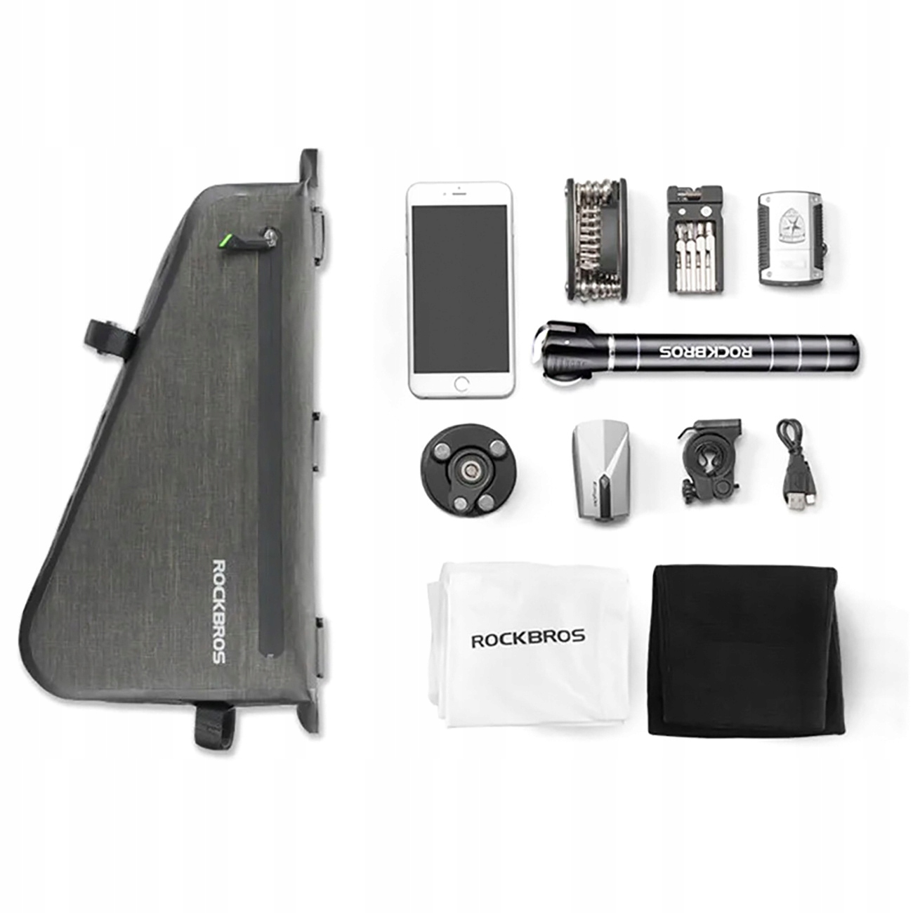 Szara torba na ramę roweru z akcesoriami: telefon, narzędzia, światło, ściereczka i ładowarka, rozłożone.