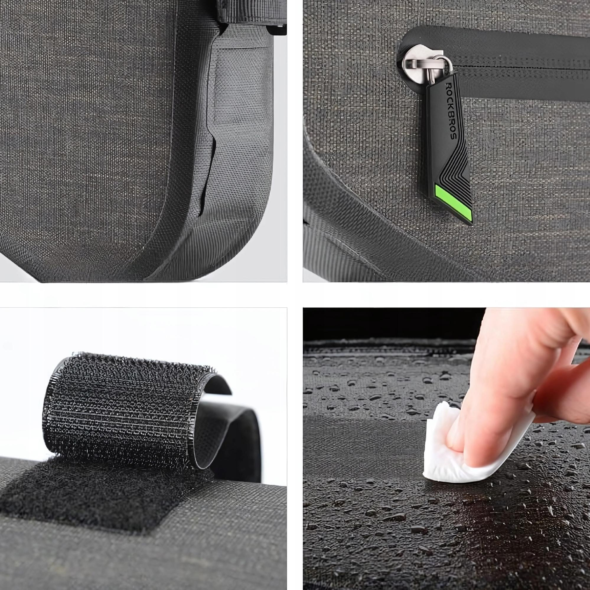 Zbliżenia: rzep, zamek błyskawiczny i dłoń wycierająca wodę z torby na ramę roweru.