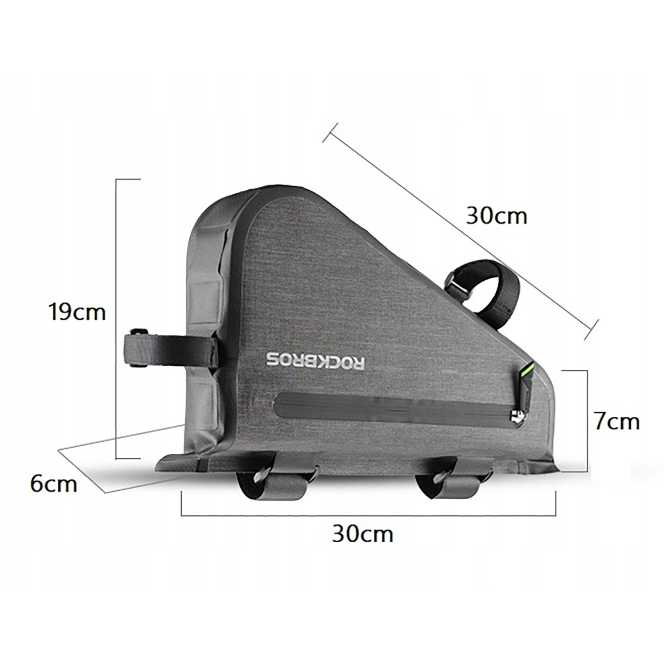 Szara torba na ramę roweru z oznaczonymi wymiarami, zamontowana na rowerze.