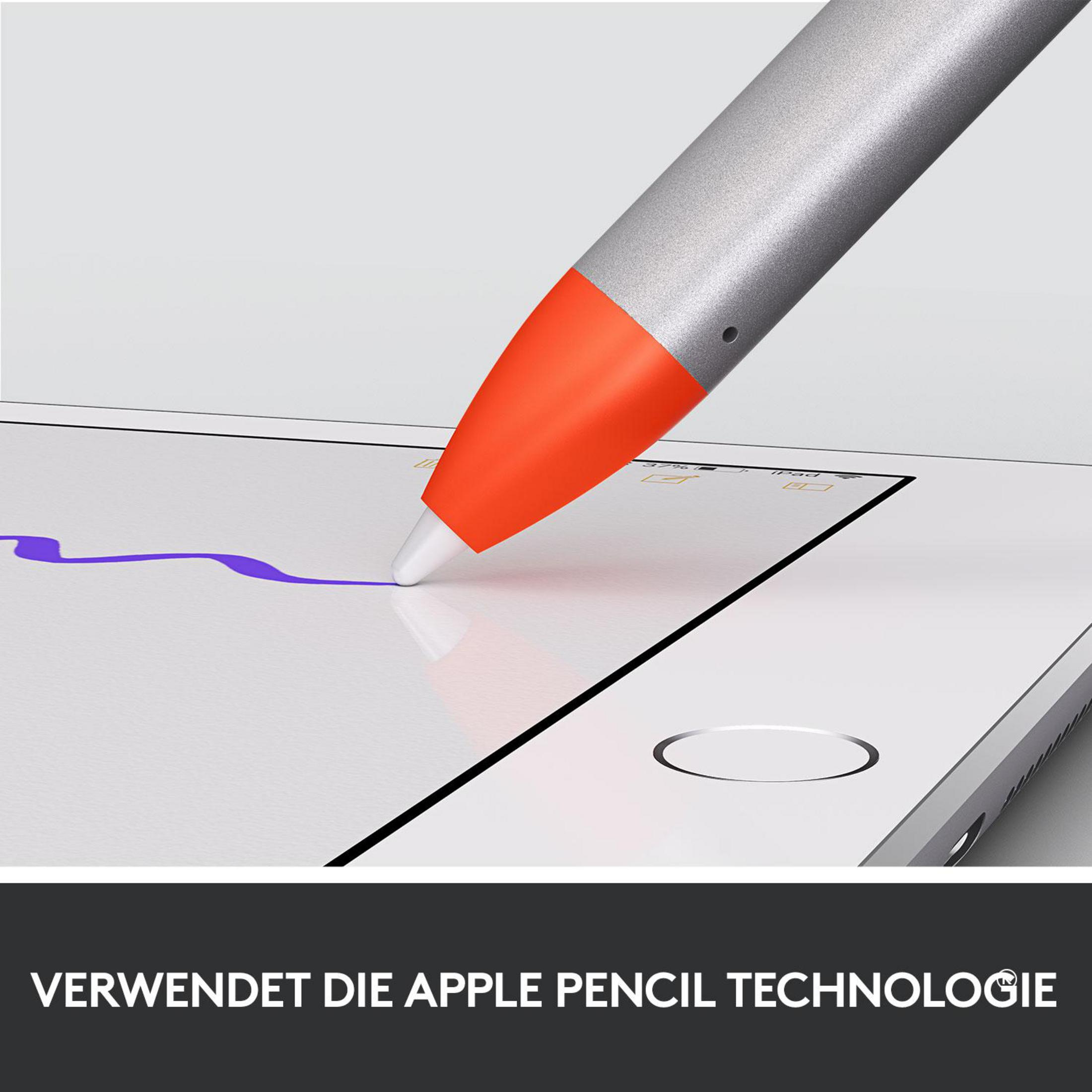 Una penna stilo con punta arancione disegna su un tablet, mostrando una linea viola.
