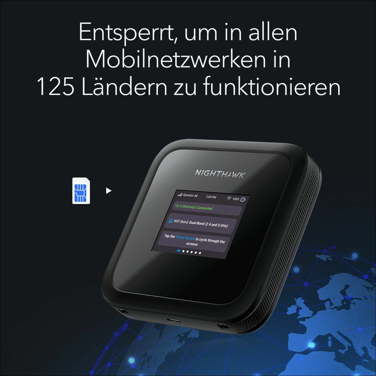 Un router nero con schermo visualizza informazioni. Un'icona della SIM blu si trova a sinistra.