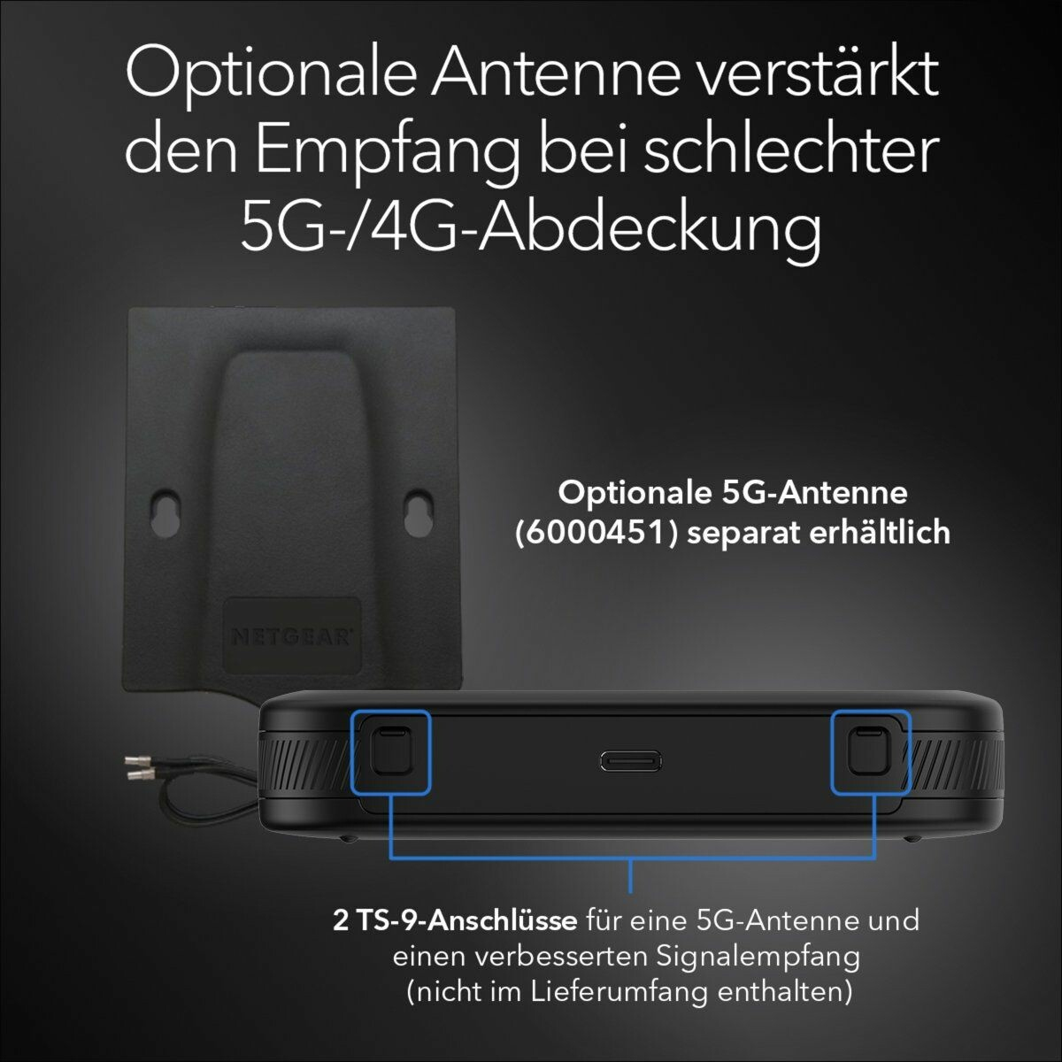 Un dispositivo nero con porte e un'antenna staccabile, con testo che descrive le caratteristiche dell'antenna.