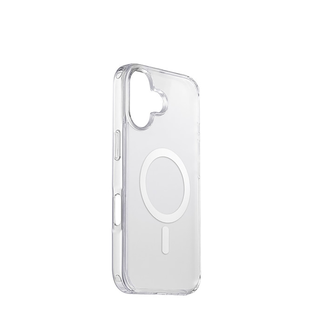 Przezroczyste etui na telefon z okręgiem MagSafe na plecach, widok z boku.