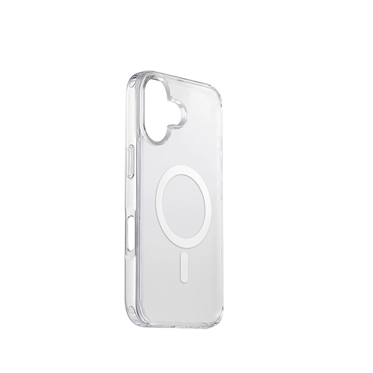 Przezroczyste etui na telefon z okręgiem MagSafe na plecach, widok z boku.