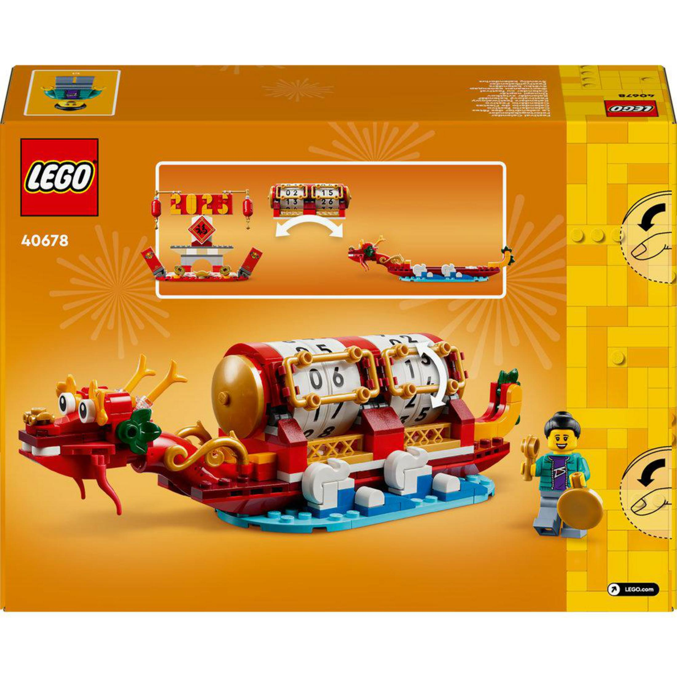 Zestaw LEGO 40678 Kalendarz Festiwalowy. Widok z boku ze smoczą łodzią i figurkami.