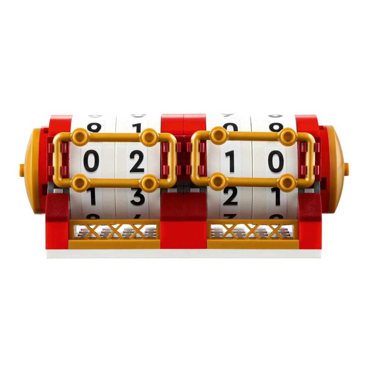 Kalendarz LEGO z obracającymi się numerami, czerwonymi i złotymi akcentami i białą podstawą.