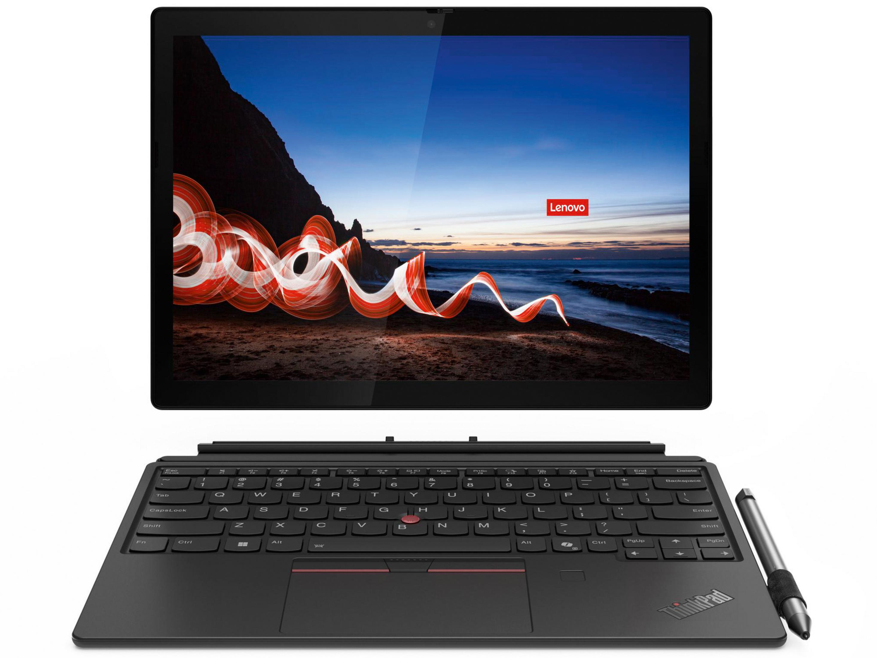Ein Lenovo ThinkPad Tablet mit Tastatur und Stift, das einen farbenfrohen Hintergrund anzeigt.