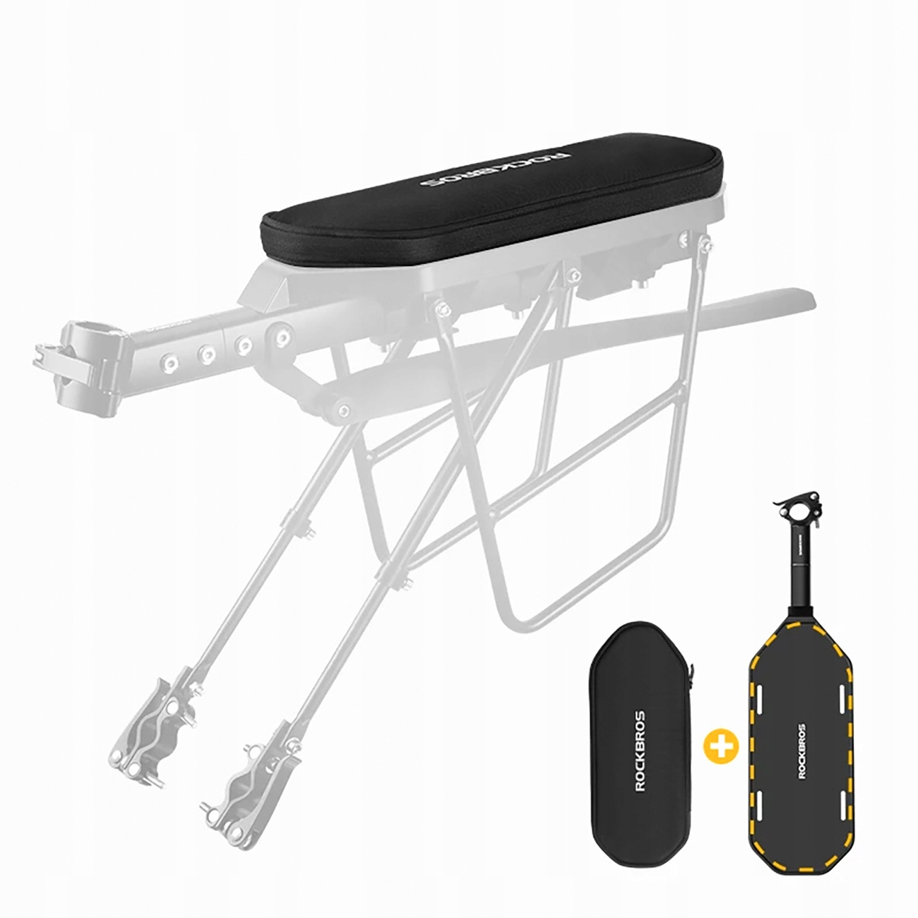 Bagażnik rowerowy z czarną podkładką pod siedzenie i dodatkowymi czarnymi akcesoriami. Bagażnik pokazany jest jako zestaw.