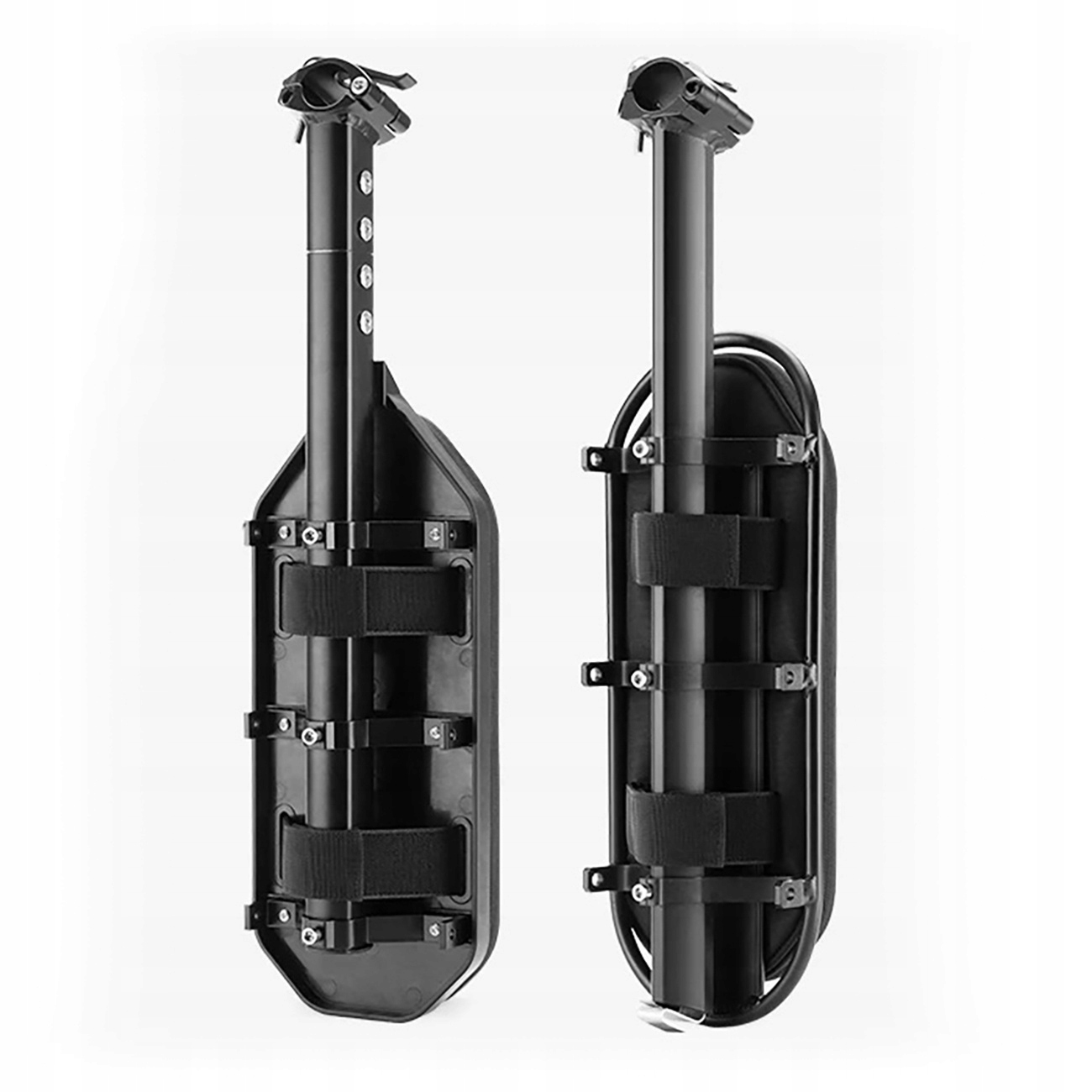 Dwa czarne wsporniki bagażnika rowerowego. Jeden pokazuje przód, drugi tył z paskami do mocowania.