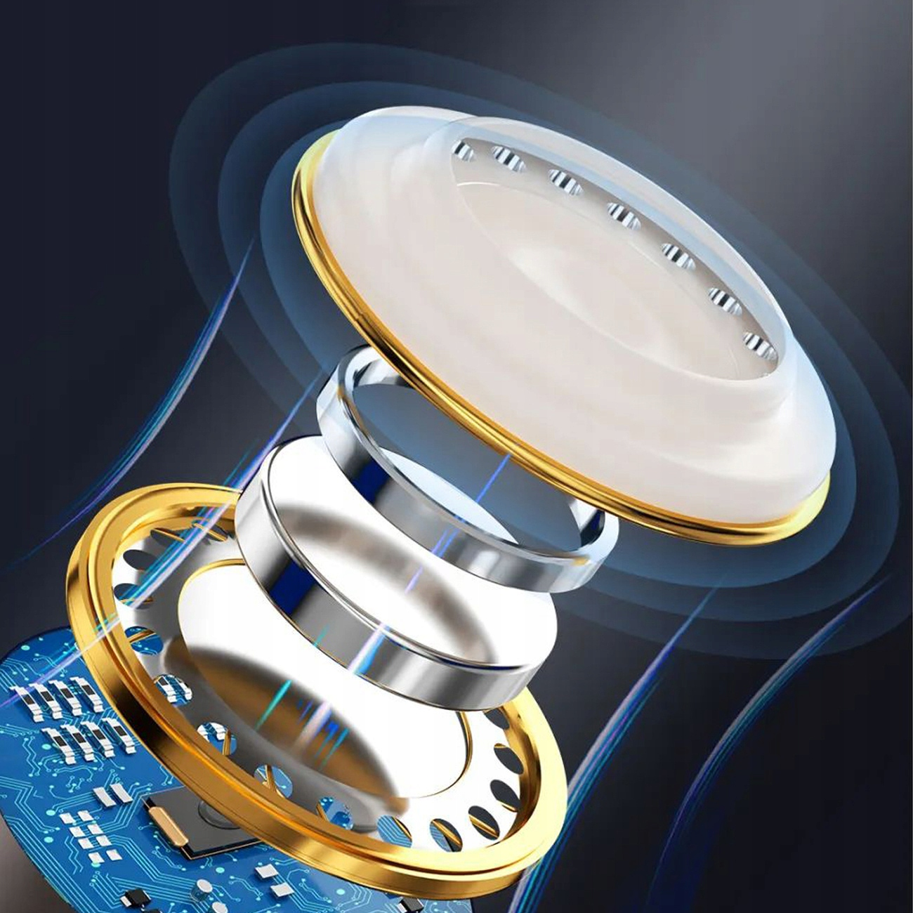 Widok z rozbiciem komponentu głośnika, pokazujący warstwy złota i srebra. Niebieskie tło.