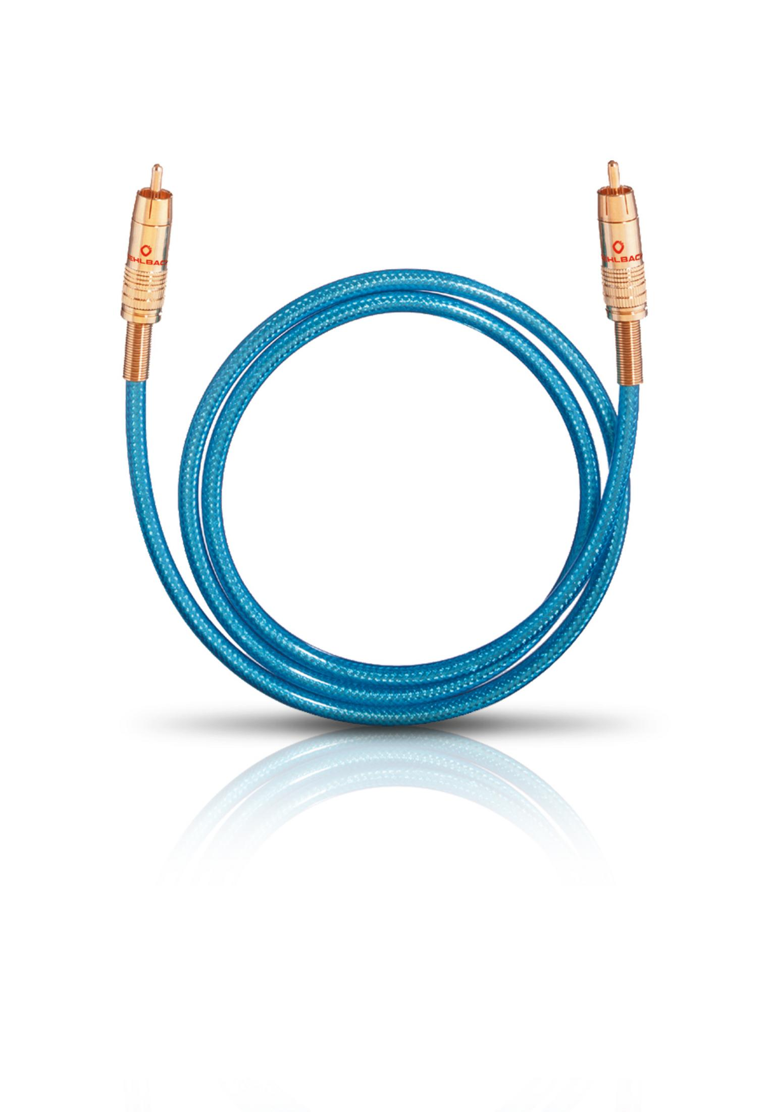 Blaues Audiokabel mit Goldsteckern, zu einem Kreis geformt, auf weißem Hintergrund.