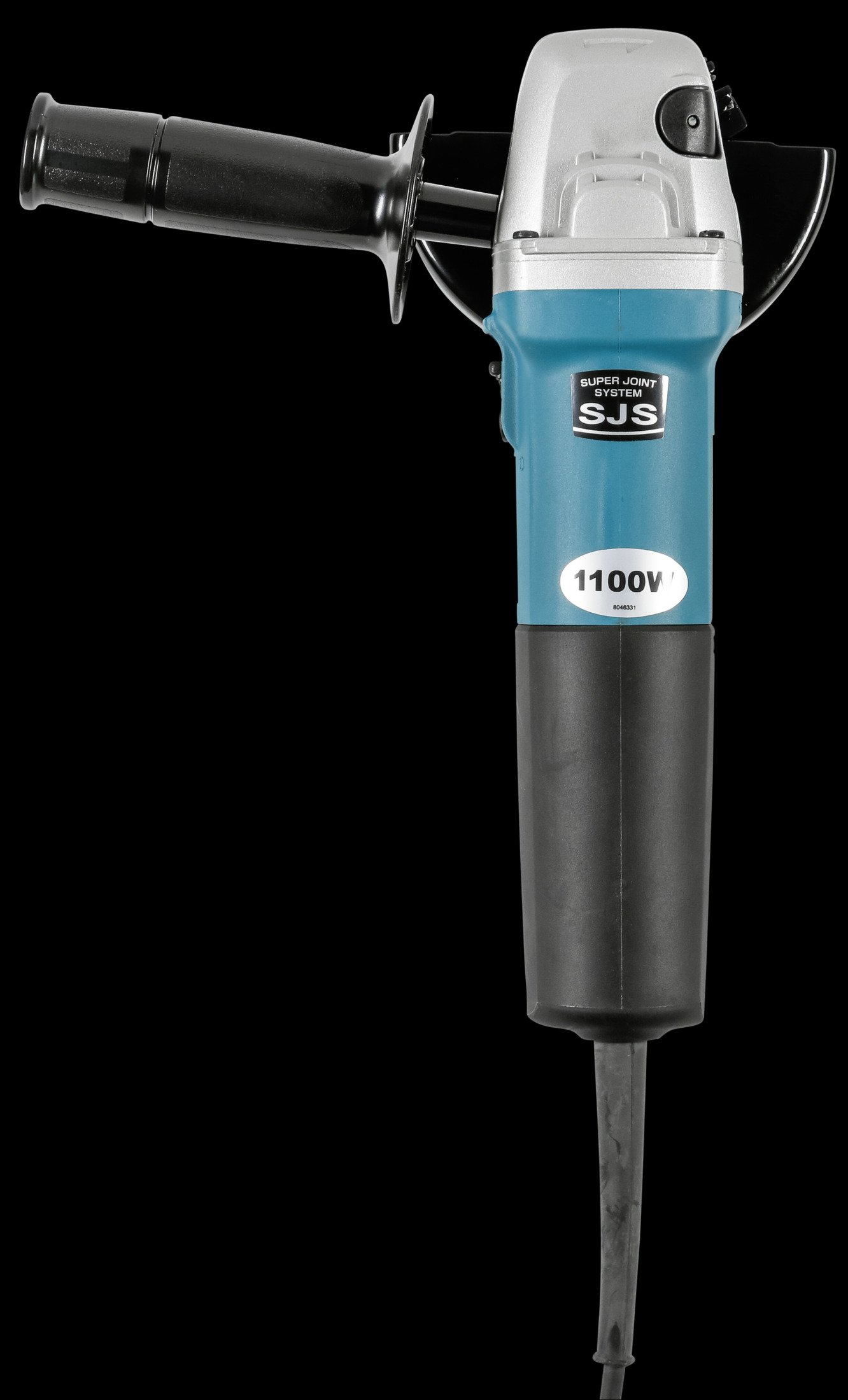 An angle grinder with a black handle and a teal body with the brand name Makita on it.