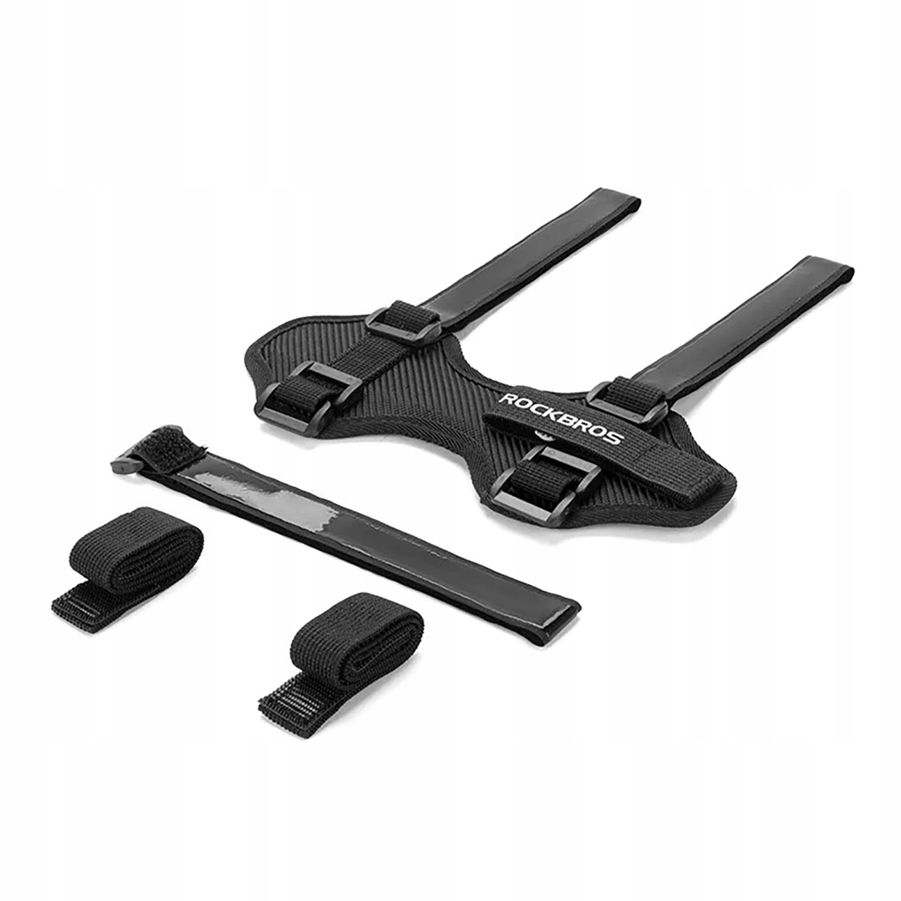 Czarne akcesoria rowerowe: paski i elementy montażowe do różnych mocowań rowerowych.