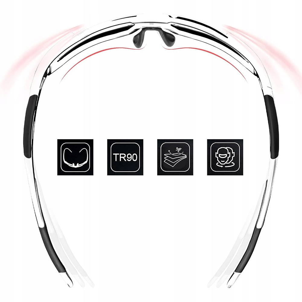 Białe okulary rowerowe z czterema ikonami. Widoczne czerwone elementy. Białe tło.