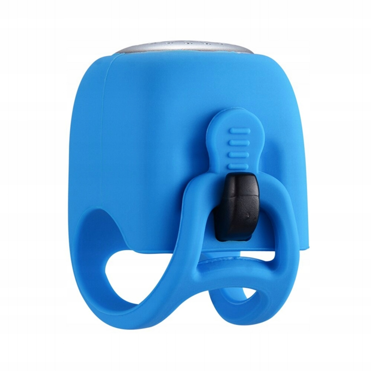 Niebieski dzwonek rowerowy Rockbros, z głośnikiem i przyciskiem, jest pokazany od tyłu, ze szlufką.