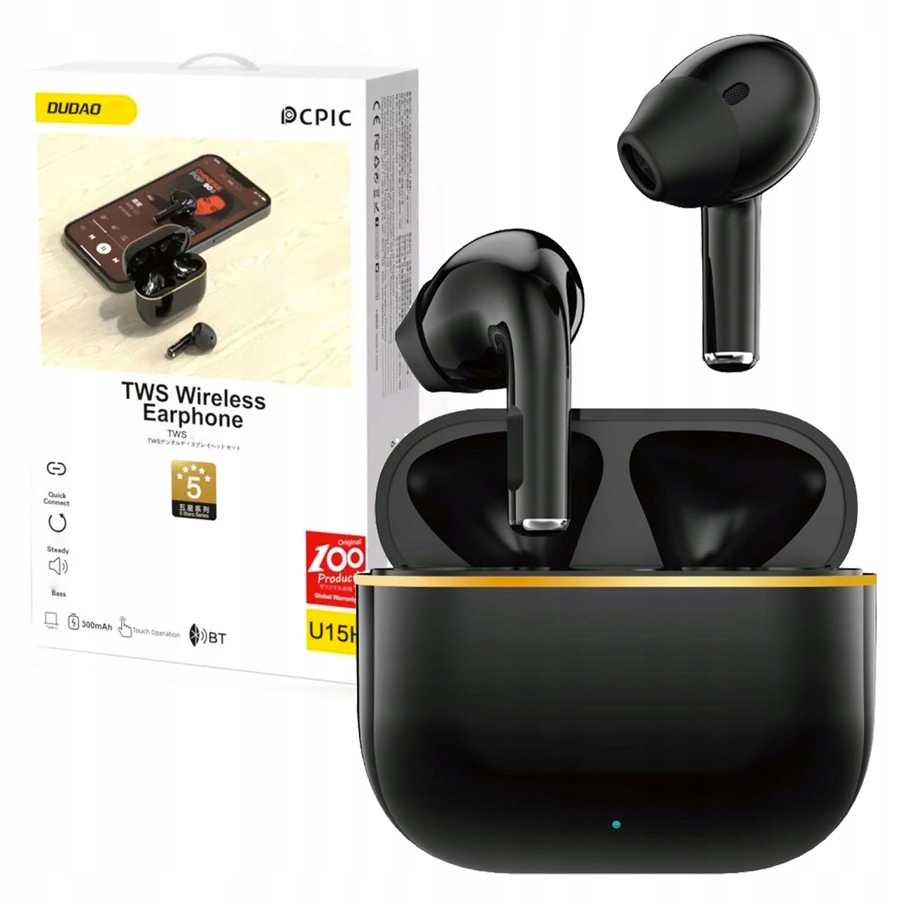 Bezprzewodowe słuchawki w pudełku i na zewnątrz. Czarne słuchawki ze złotym wykończeniem. Pudełko.