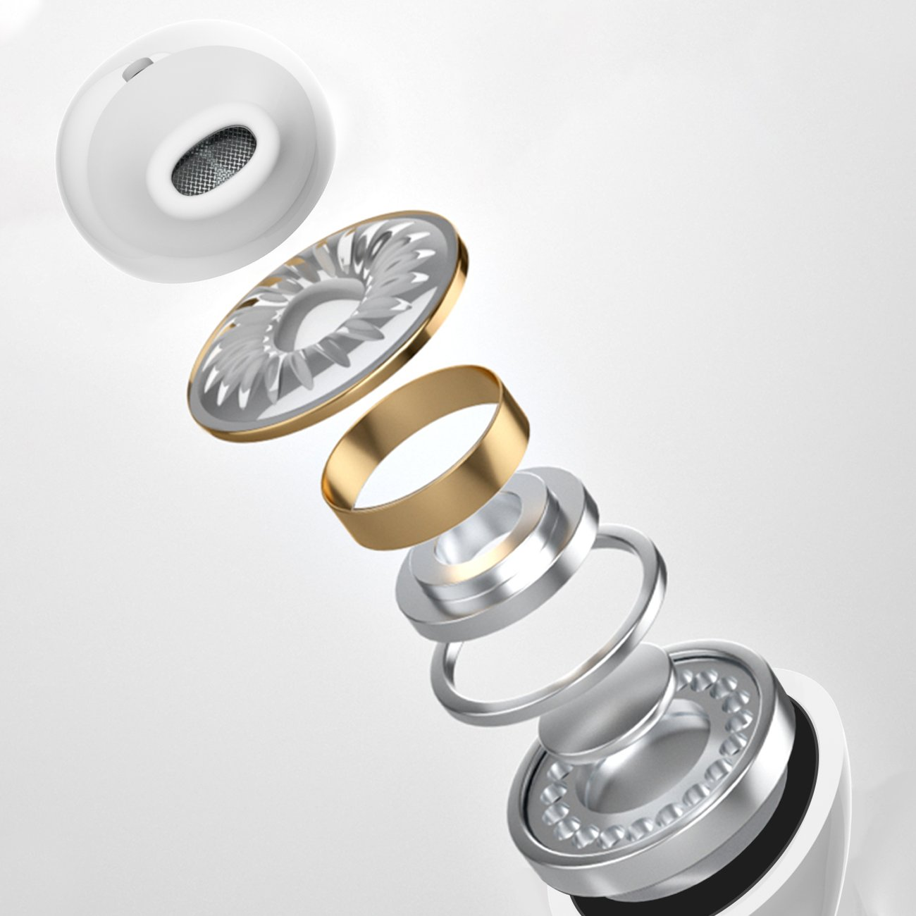 Widok rozłożony białej słuchawki. Pokazuje głośnik, złoty pierścień i inne elementy wewnętrzne.