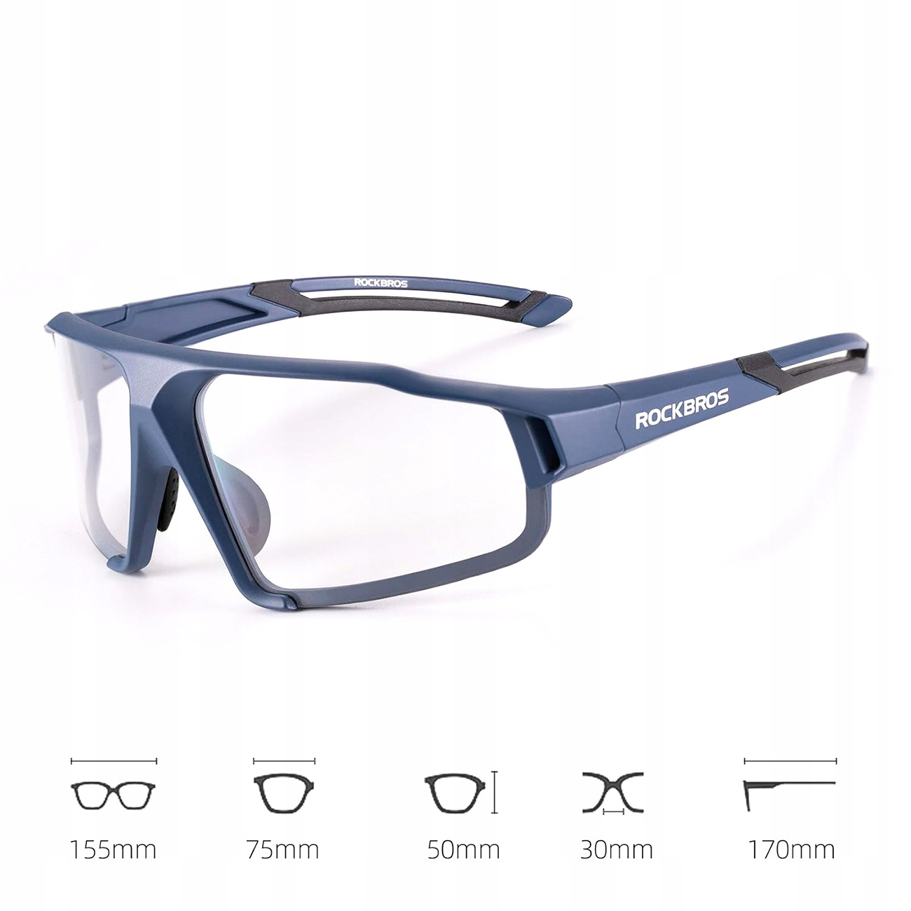 Niebieskie okulary sportowe na białym tle z wymiarami poniżej. Okulary mają logo Rockbros.