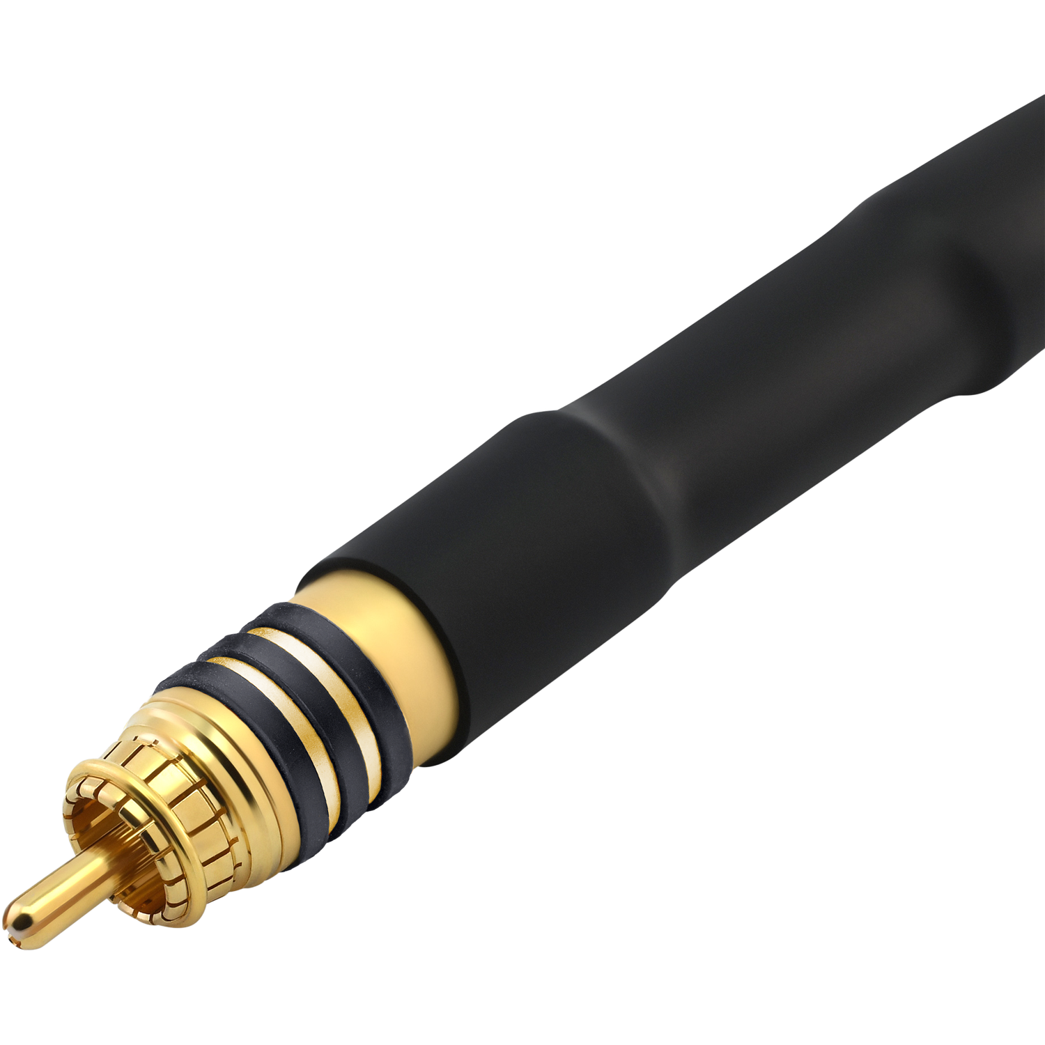 Ein goldfarbener Cinch-Anschluss mit einem schwarzen Kabel. Der Stecker hat schwarze Ringe.