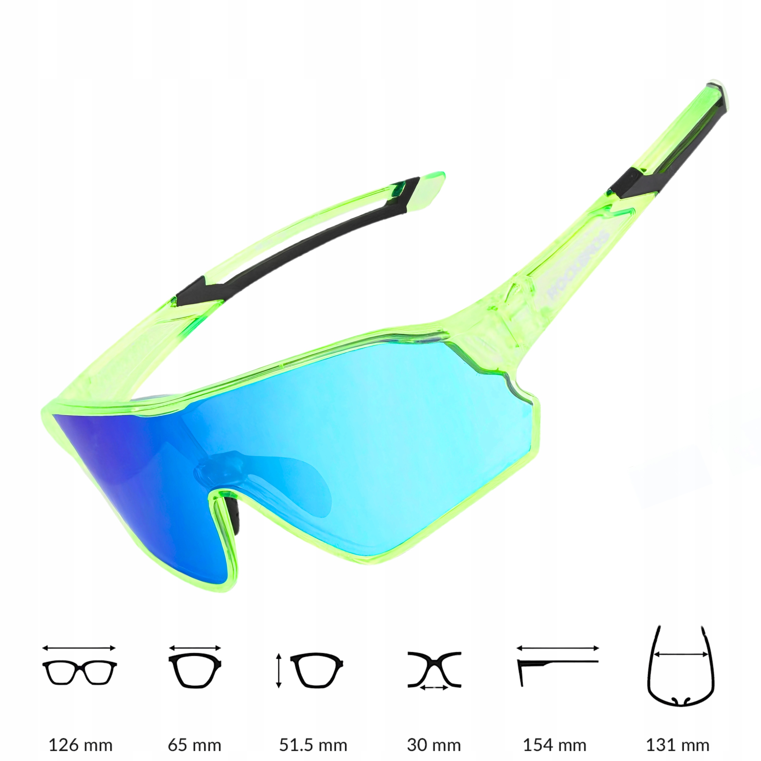 Zielone sportowe okulary przeciwsłoneczne z niebieskimi soczewkami. Obraz zawiera również wymiary.