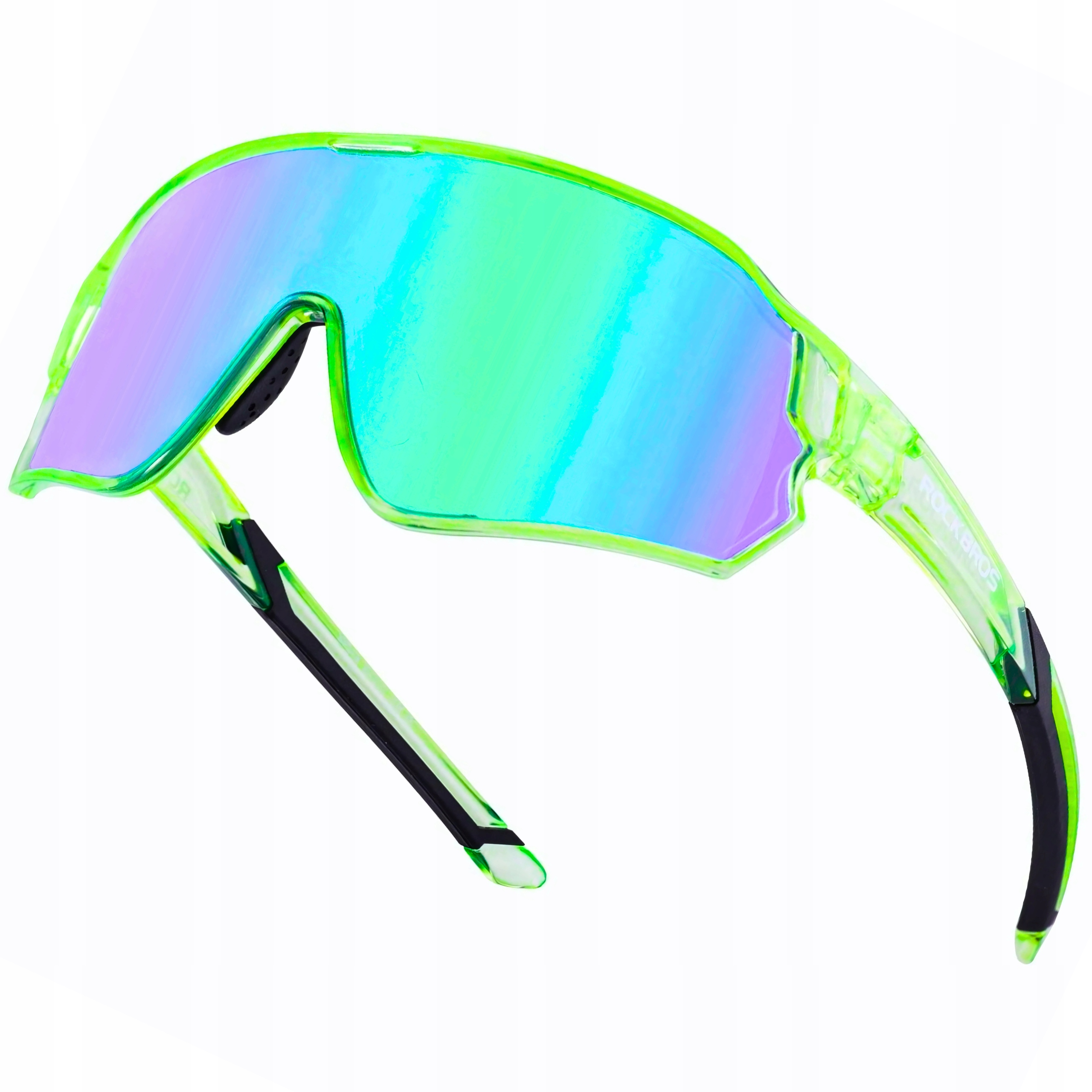 Zielone sportowe okulary przeciwsłoneczne z niebieskimi soczewkami. Oprawka jest zielona, a soczewki niebieskie.