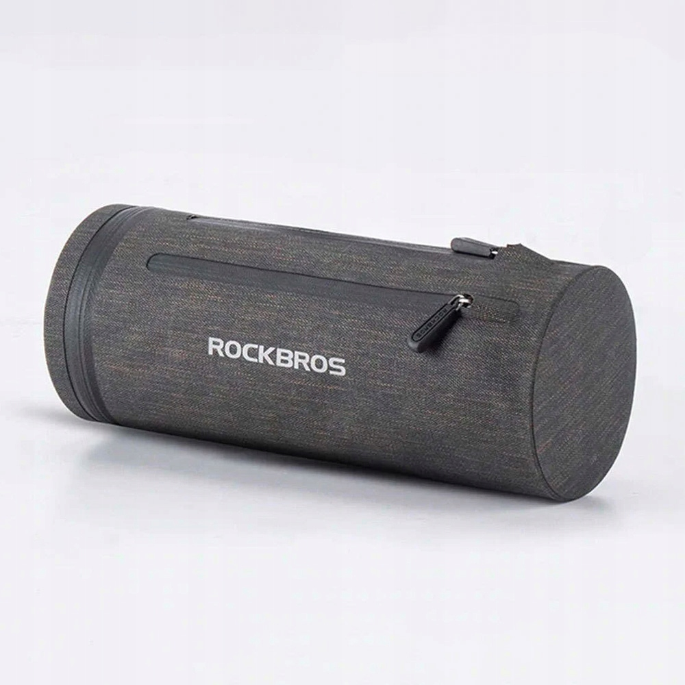 Szara torba na kierownicę Rockbros. Torba jest cylindryczna, ma zamek błyskawiczny i logo Rockbros.