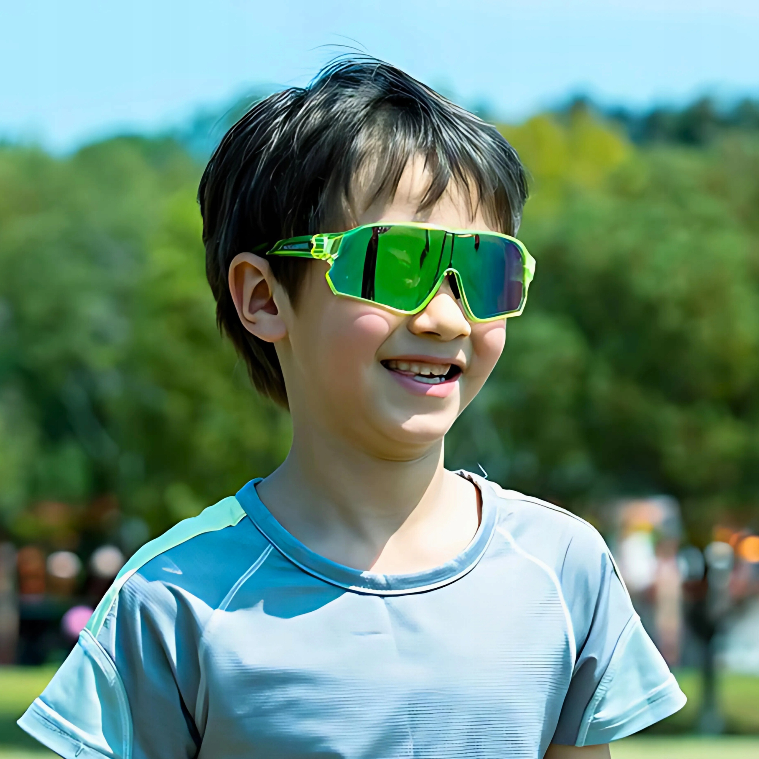 Chłopiec w zielonych okularach przeciwsłonecznych uśmiecha się. Zielone drzewa w tle.