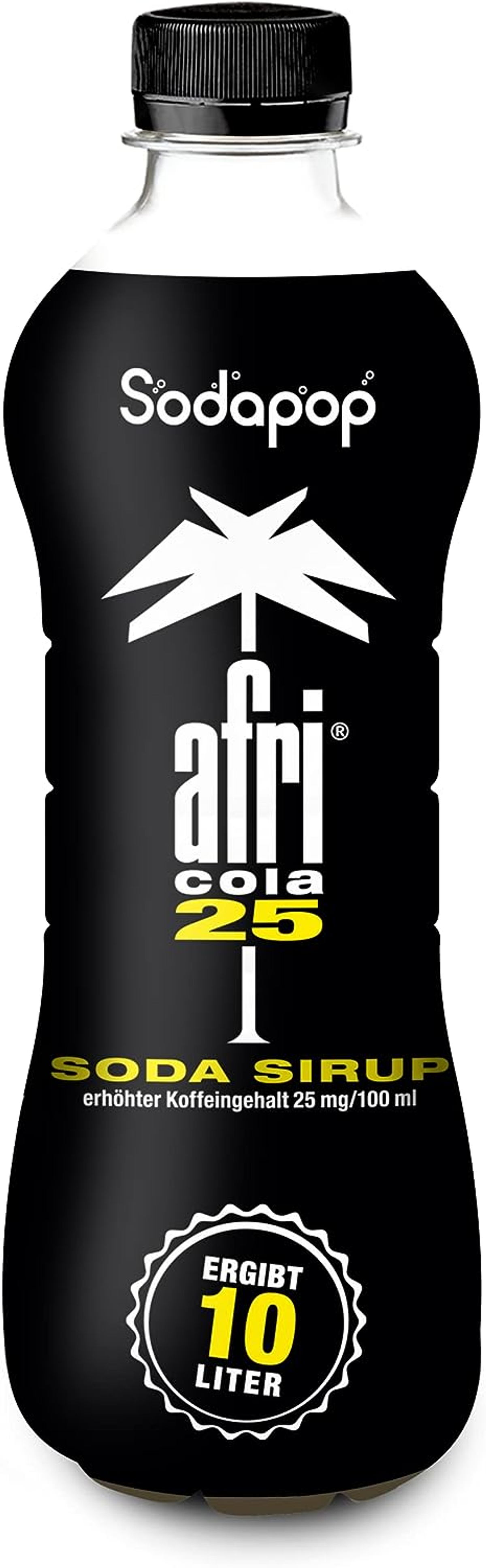 Eine schwarze Afri-Cola-Flasche mit weißem Logo und gelbem Text. Es steht 'Soda Sirup'.