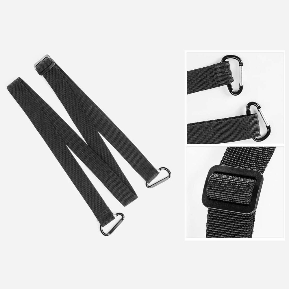 Wyświetlane są czarne paski z metalowymi pierścieniami i klipsami. Różne zbliżenia pokazują szczegóły.