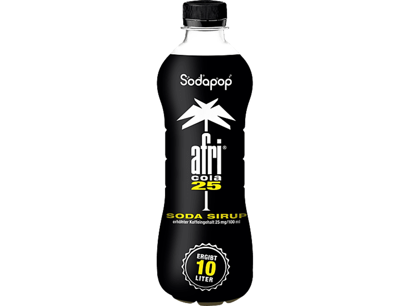 Eine schwarze Afri-Cola-Flasche mit weißem Logo und gelbem Text. Es steht 'Soda Sirup'.