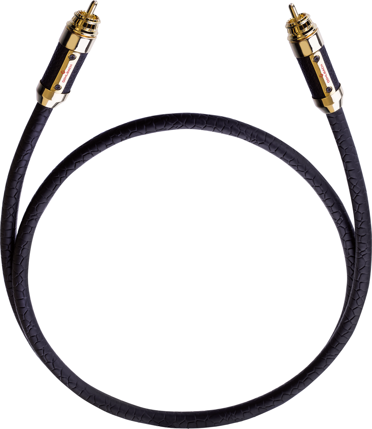 Ein schwarzes Audiokabel mit goldenen Anschlüssen. Das Kabel hat ein strukturiertes, schlangenartiges Muster.