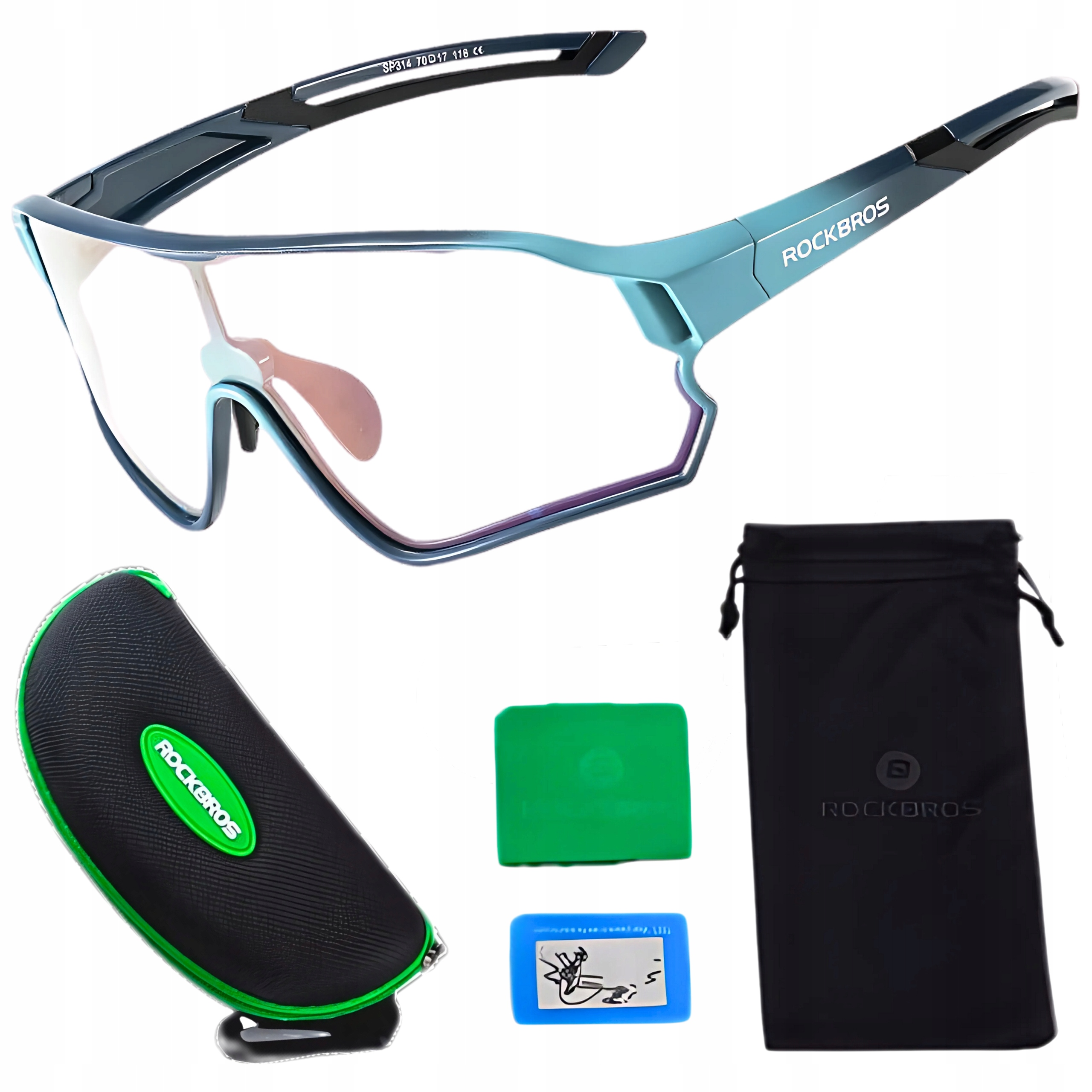 Niebieskie i czarne okulary przeciwsłoneczne Rockbros z etui, woreczkiem i akcesoriami są wyświetlane.
