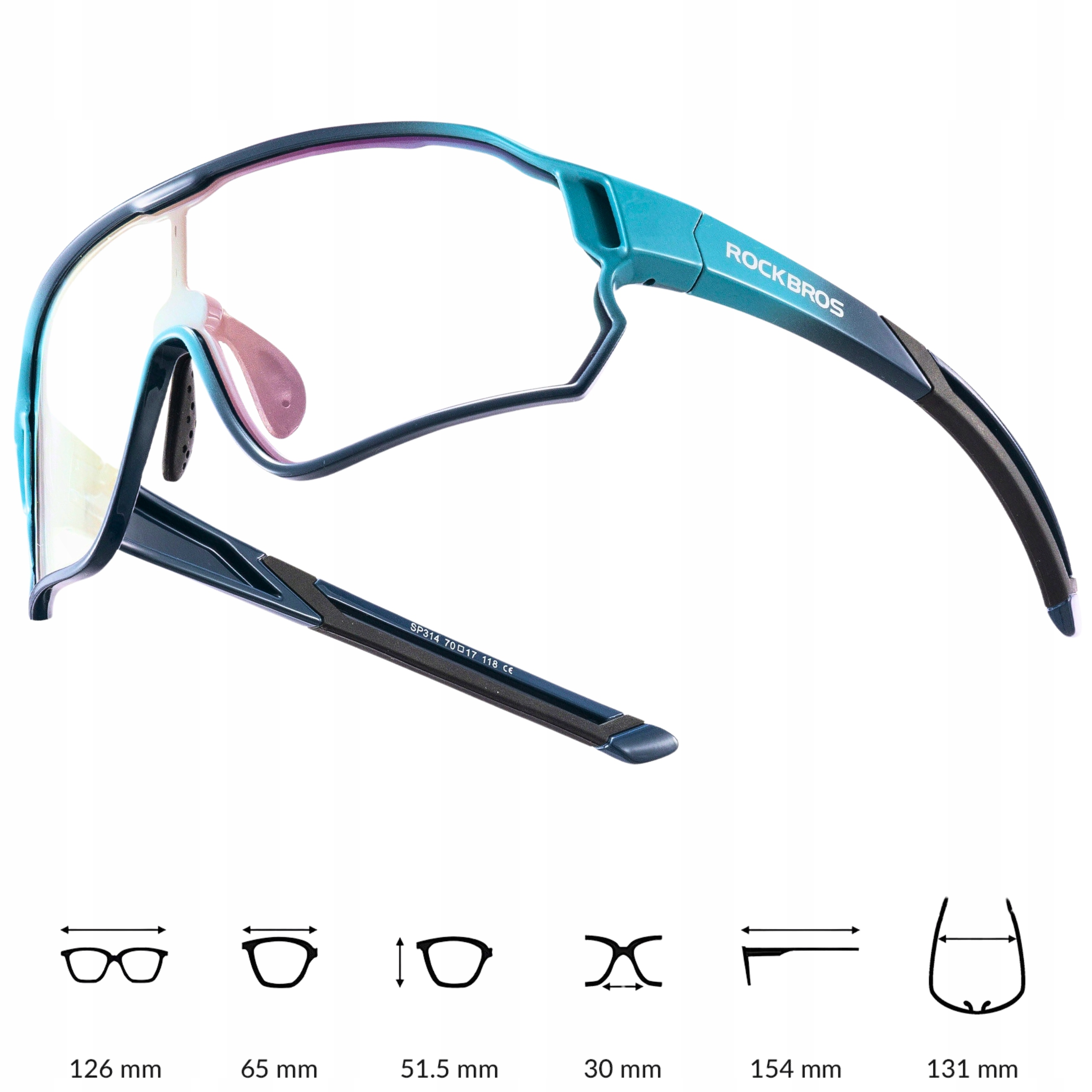 Niebieskie okulary przeciwsłoneczne sportowe z przezroczystymi soczewkami. Wymiary poniżej: 126 mm, 65 mm, 51,5 mm, 30 mm, 154 mm, 131 mm.